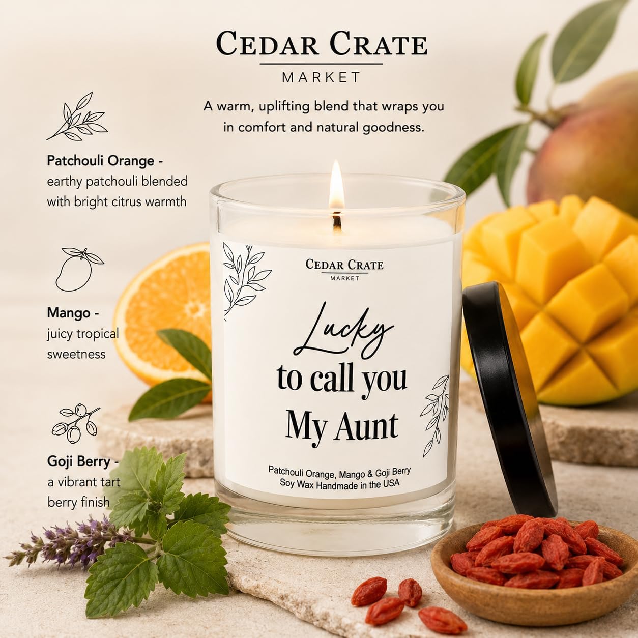 Bougie de soja « Lucky to Call You My Aunt » de la part d'un neveu, de Noël – Bougie de soja orange patchouli, mangue et baie de Goji, 382,7 g - Image 4