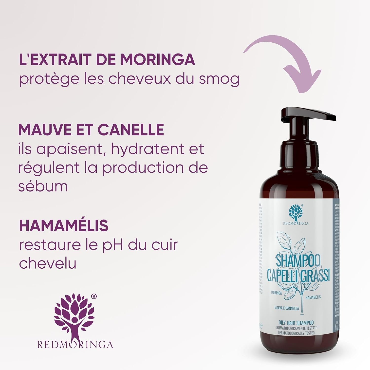 RedMoringa Seboregulating Shampoo for Oily Hair - Deep Cleanses and Restores Scalp pH - 99.5% Natural - With Moringa, Purple, Cinnamon and Witch Hazel - 250 ml - Image 4