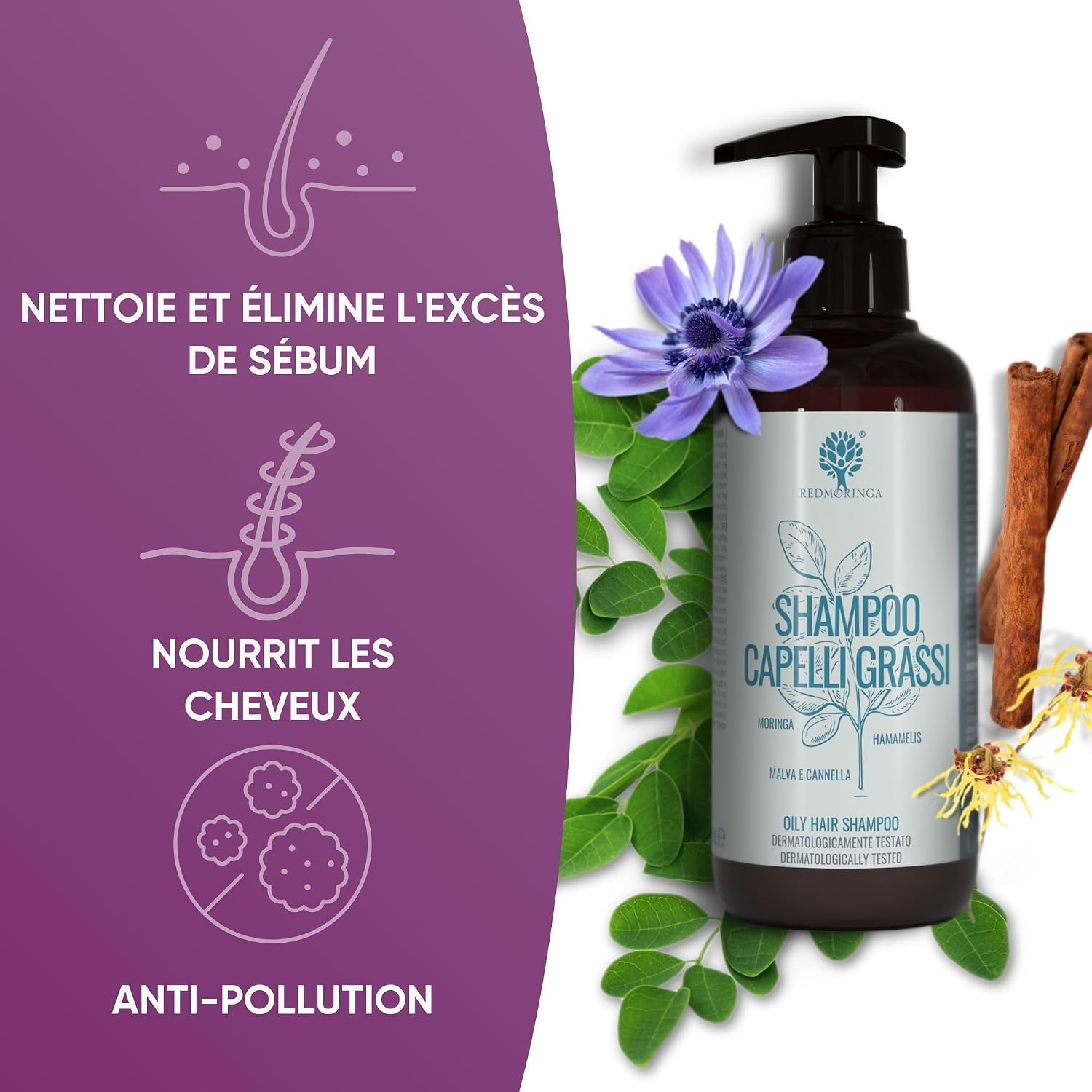 RedMoringa Seboregulating Shampoo for Oily Hair - Deep Cleanses and Restores Scalp pH - 99.5% Natural - With Moringa, Purple, Cinnamon and Witch Hazel - 250 ml - Image 5