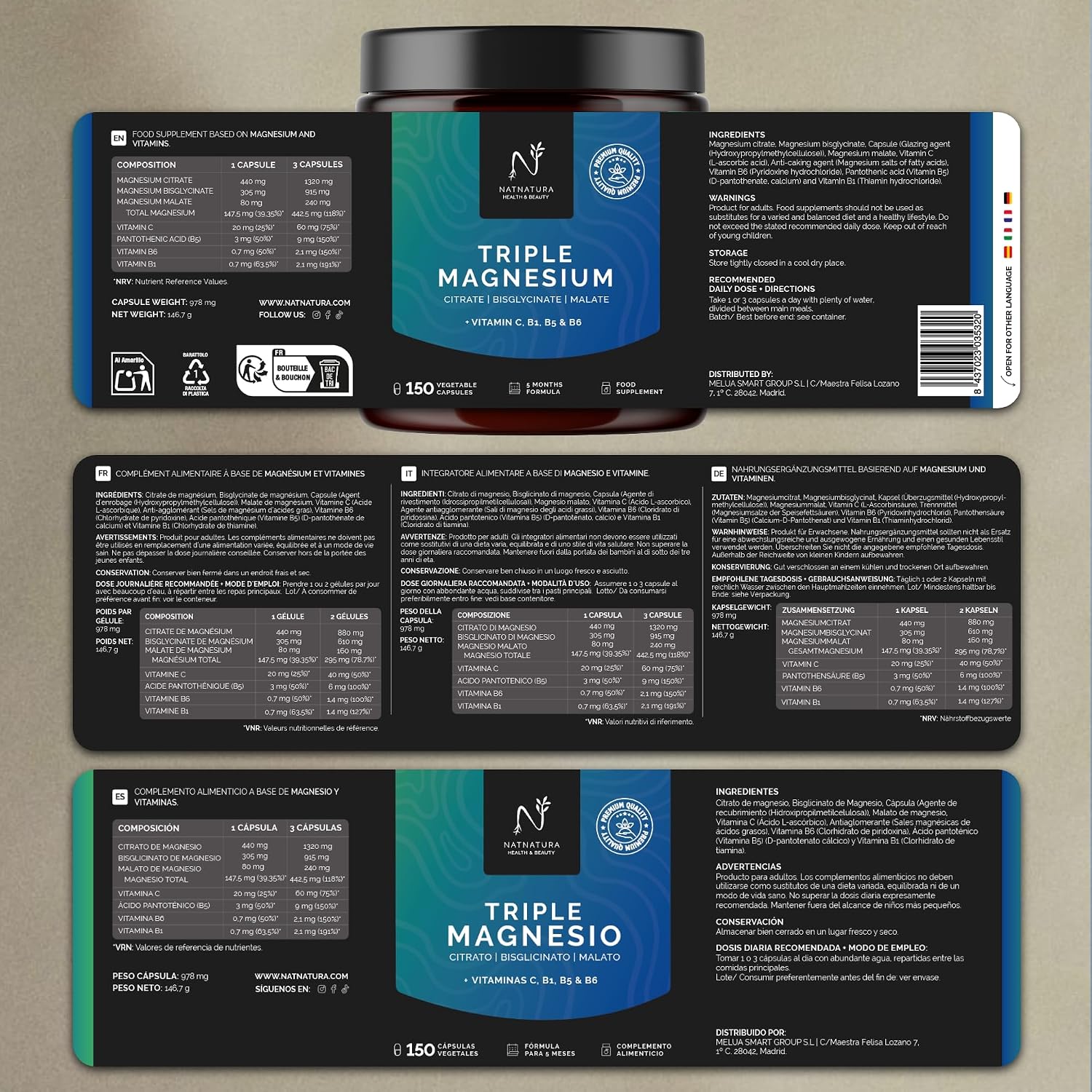 Magnesium Triple 295 mg - Citrate + Malate + Magnesium Bisglycinate | 150 Capsules - Up to 5 Months of Cure | With Vitamins B1 B5 B6 C | Reduces Fatigue and Supports Muscles | Natnatura - Image 8