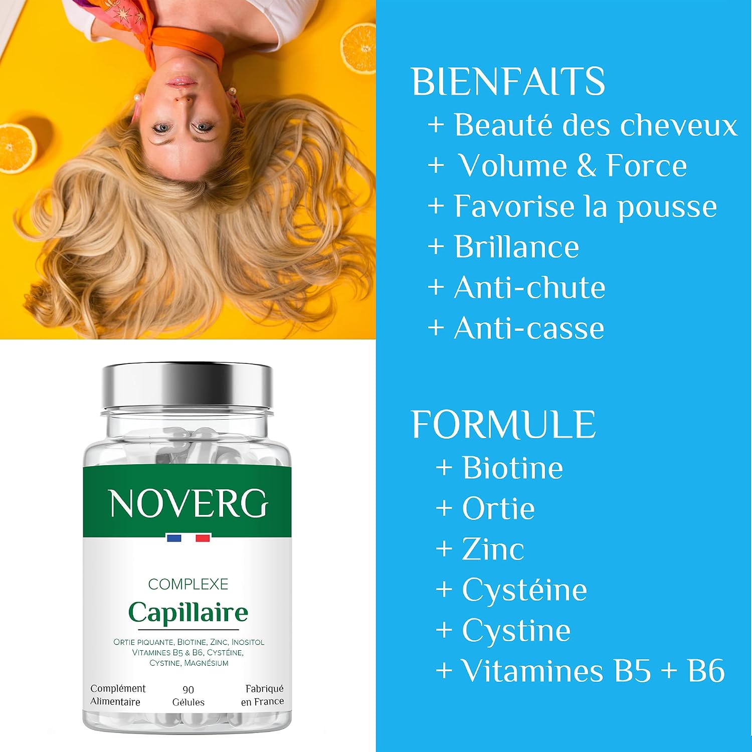 Hair Complex | Hair & Nail Enhancer | Anti-Hair Loss & Anti-Breakage | Promotes Growth | Biotin, Nettle, Zinc, Cysteine | Vegan | 90 Capsules | 30 Days | Made in France - Image 3