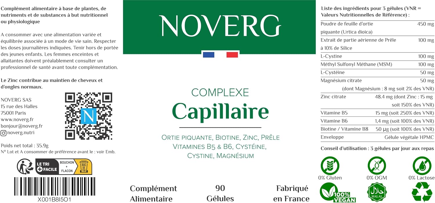 Hair Complex | Hair & Nail Enhancer | Anti-Hair Loss & Anti-Breakage | Promotes Growth | Biotin, Nettle, Zinc, Cysteine | Vegan | 90 Capsules | 30 Days | Made in France - Image 7