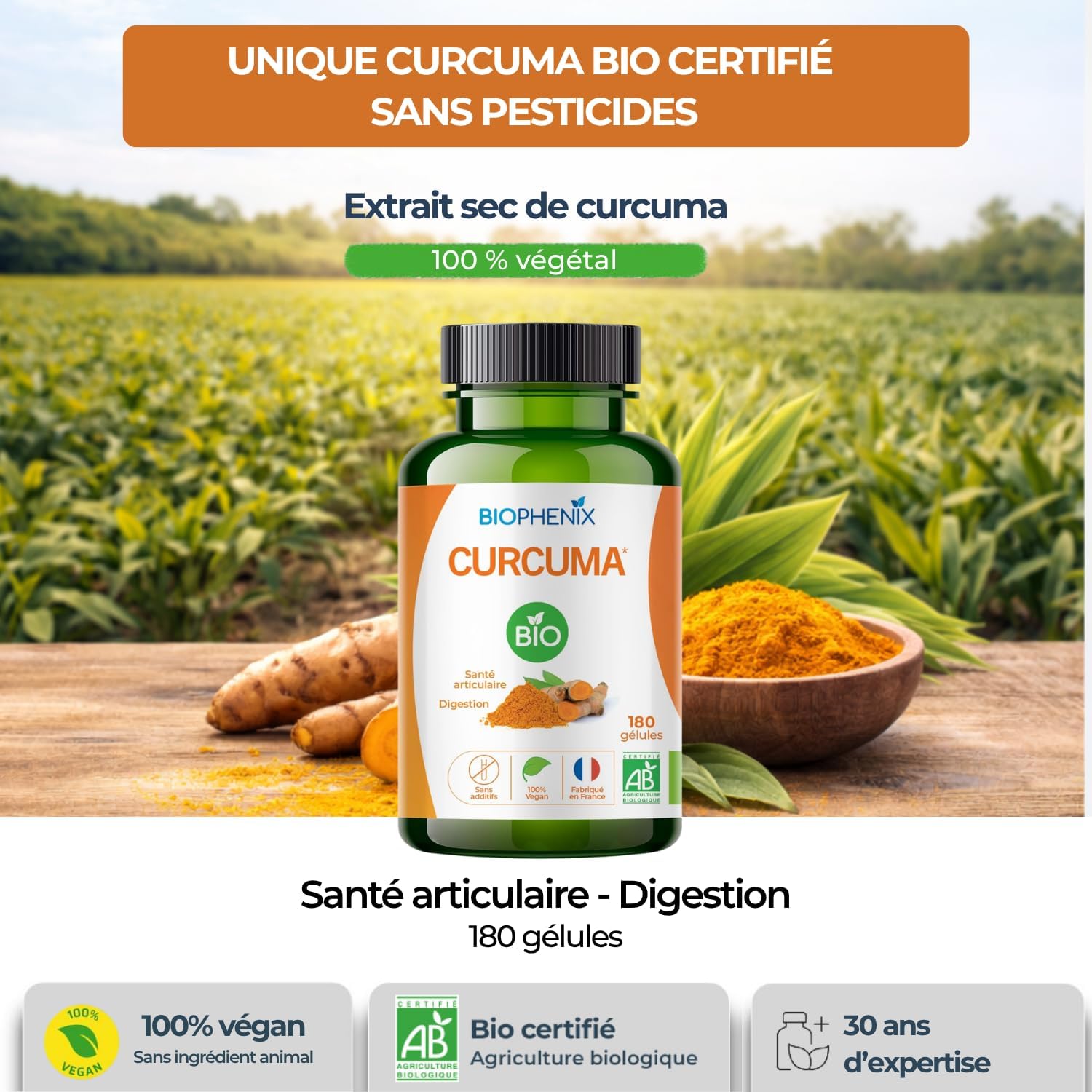 Biophénix Organic Turmeric 100% Vegetable 180 Capsules, Joints & Digestion - Image 3