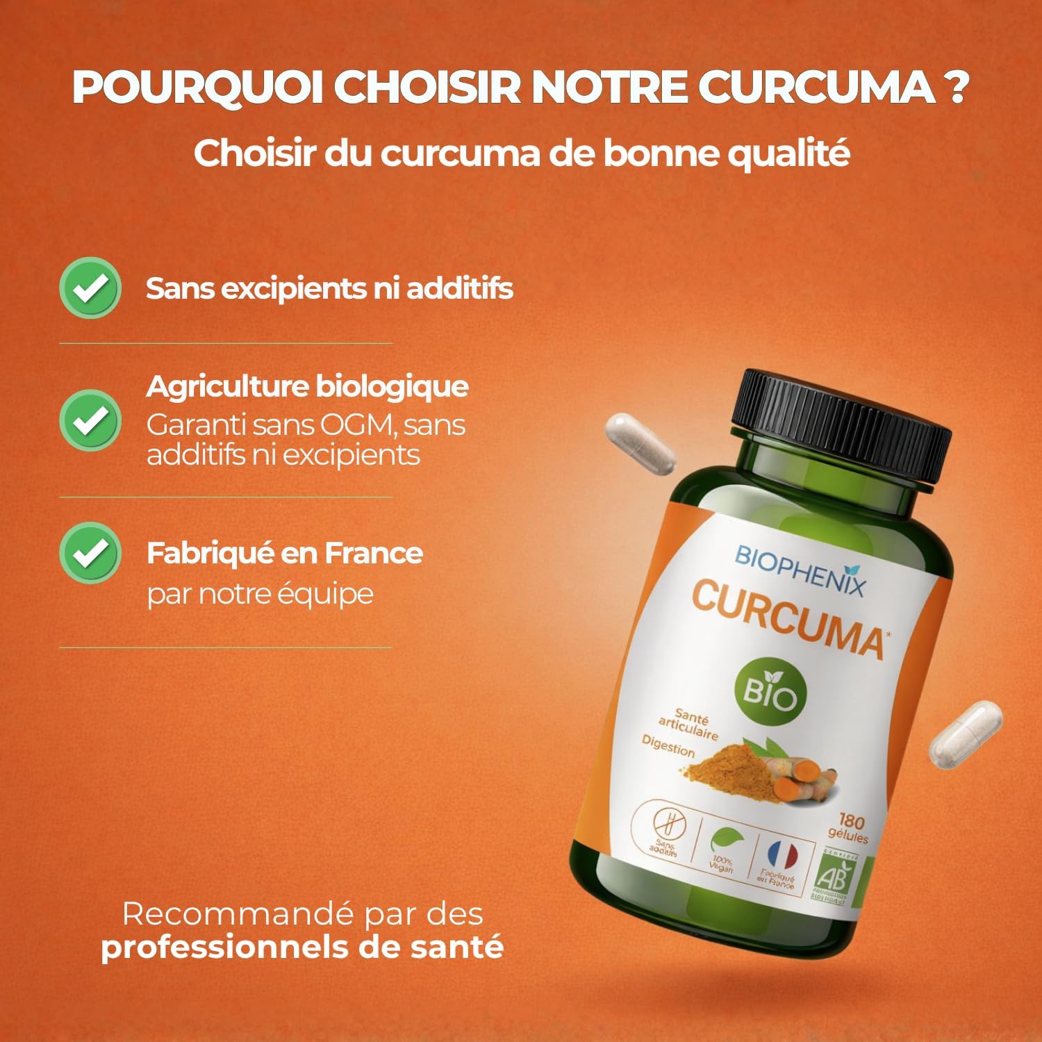 Biophénix Organic Turmeric 100% Vegetable 180 Capsules, Joints & Digestion - Image 5