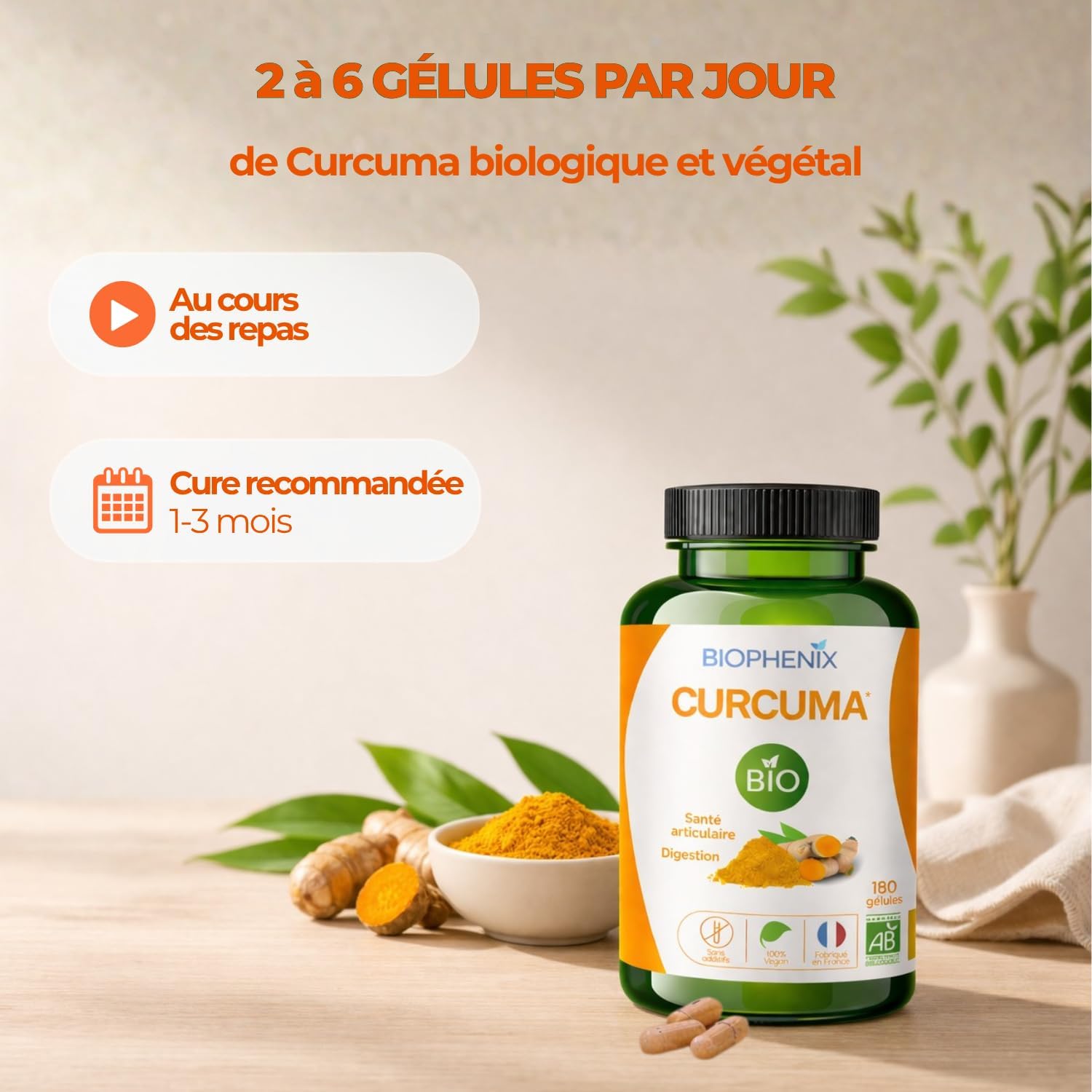 Biophénix Organic Turmeric 100% Vegetable 180 Capsules, Joints & Digestion - Image 7