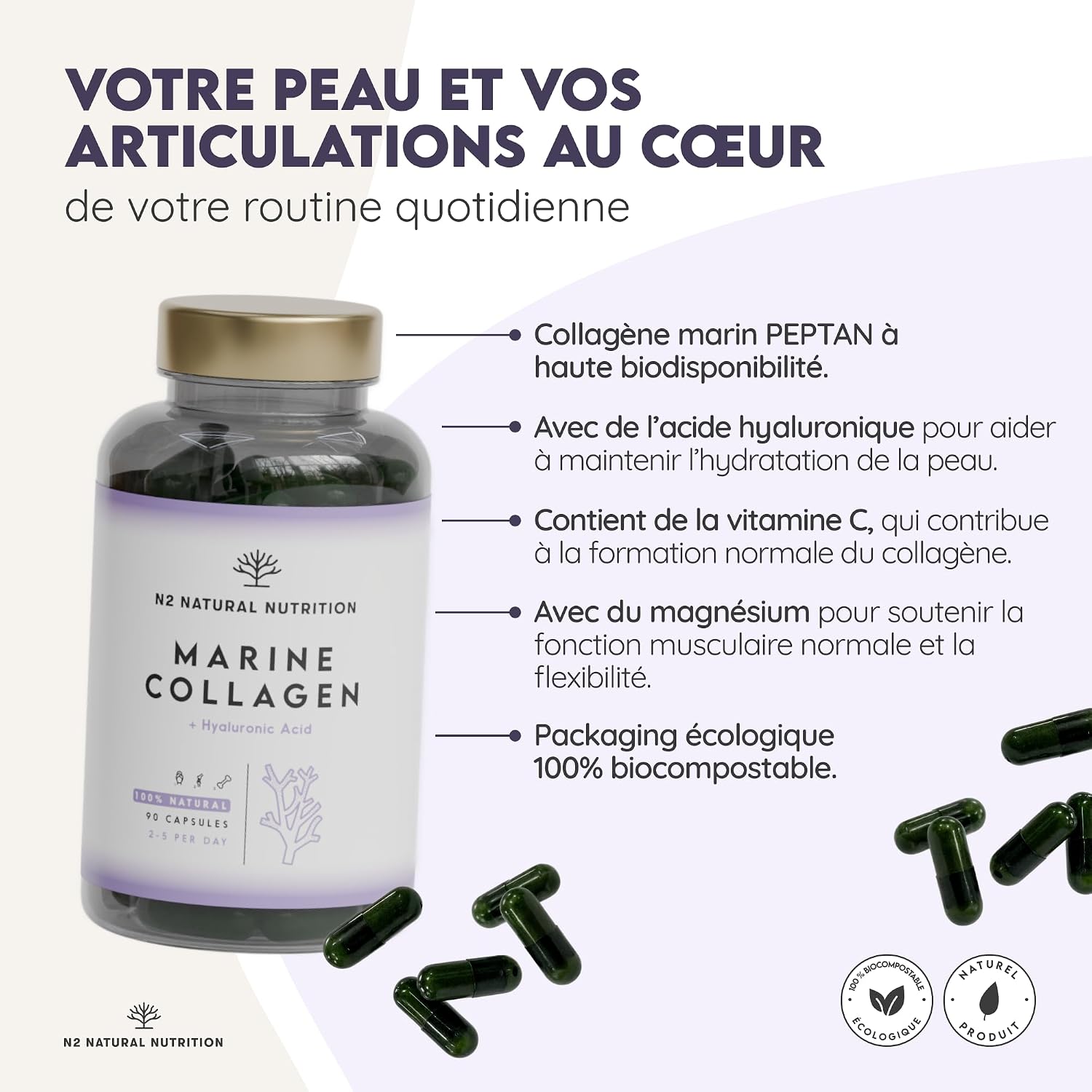 Marine Collagen & Hyaluronic Acid | Vitamin C | Magnesium | Anti Wrinkle | Anti Aging | Helps with Joints, Bones, Skin and Hair | Collagen Hydrolysate PEPTAN | EU | 90 Capsules | N2 Natural Nutrition… - Image 3