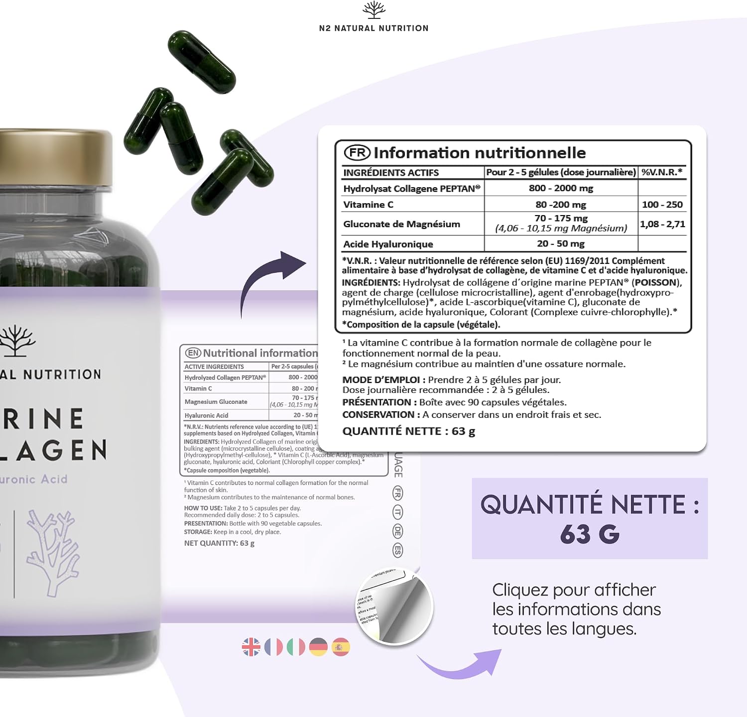 Marine Collagen & Hyaluronic Acid | Vitamin C | Magnesium | Anti Wrinkle | Anti Aging | Helps with Joints, Bones, Skin and Hair | Collagen Hydrolysate PEPTAN | EU | 90 Capsules | N2 Natural Nutrition… - Image 10