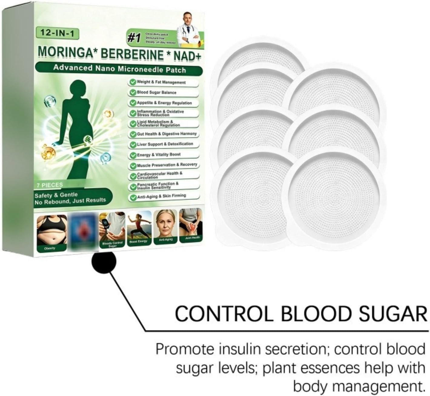 Moringa x Berberine Patch 12 in 1, Nano Microneedle Slimming Patch, Natural Ingredients, Easy to Apply, Invisible Under Clothes, Berberine Weight Loss, Body Care for Routine Silhouet - Image 7
