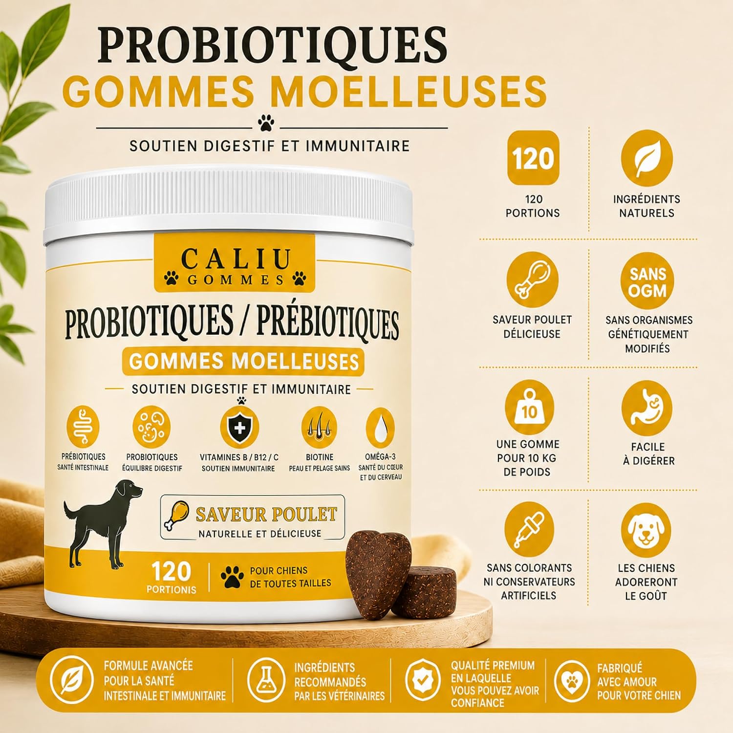 CALIU Pet Care | Gut Health Gummies Dogs & Cats | 120 Units | Probiotics, Prebiotics, Omega-3, Vitamins & Minerals | Chicken Flavour | Digestive & Immune Support Pets - Image 3