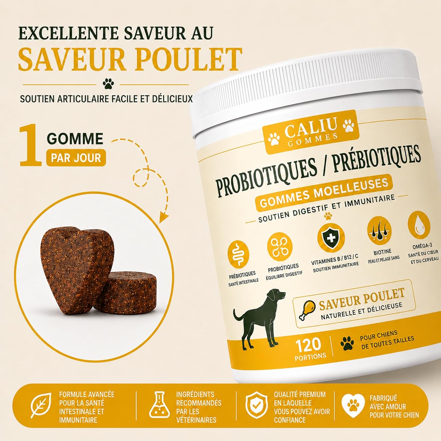 CALIU Pet Care | Gut Health Gummies Dogs & Cats | 120 Units | Probiotics, Prebiotics, Omega-3, Vitamins & Minerals | Chicken Flavour | Digestive & Immune Support Pets - Image 6