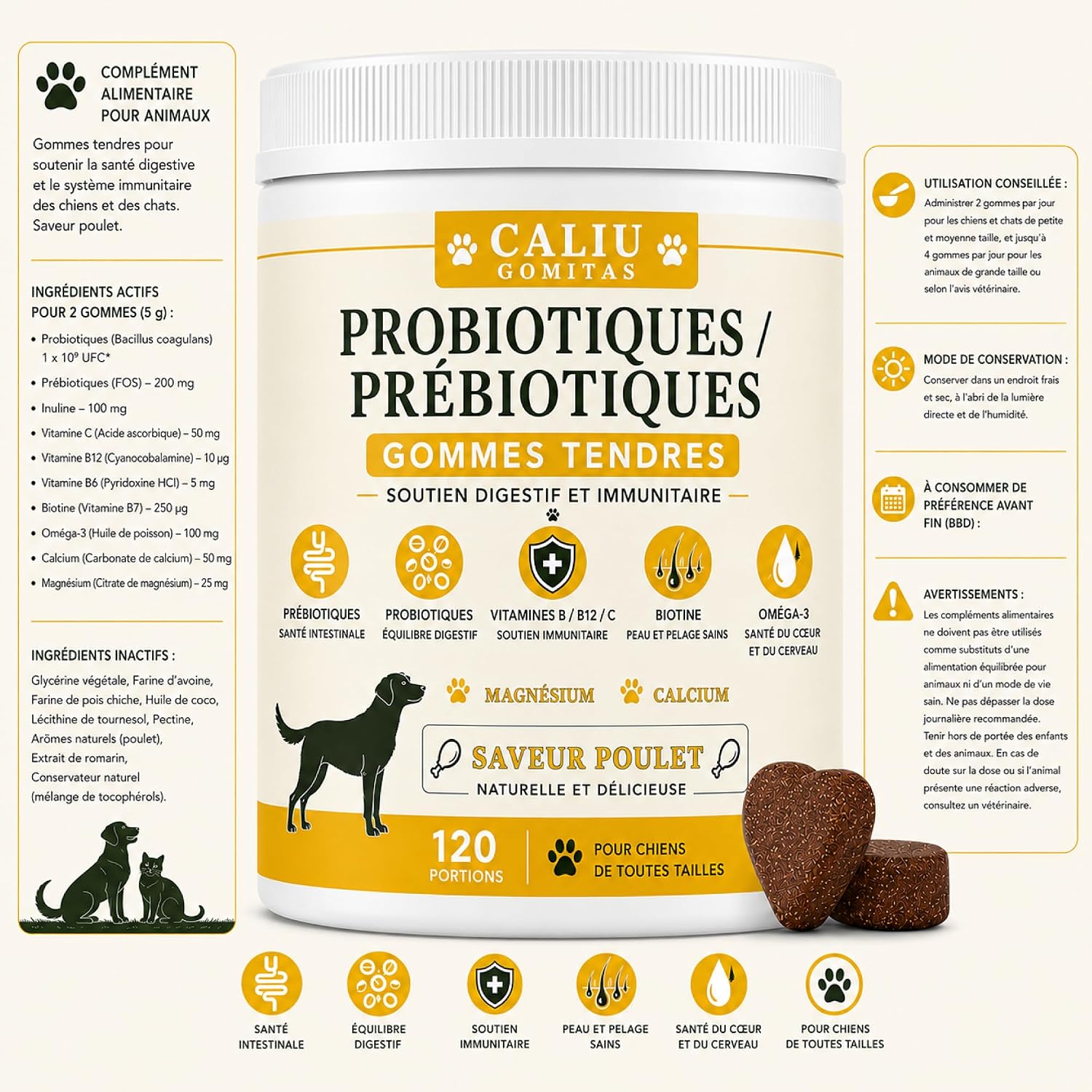 CALIU Pet Care | Gut Health Gummies Dogs & Cats | 120 Units | Probiotics, Prebiotics, Omega-3, Vitamins & Minerals | Chicken Flavour | Digestive & Immune Support Pets - Image 7
