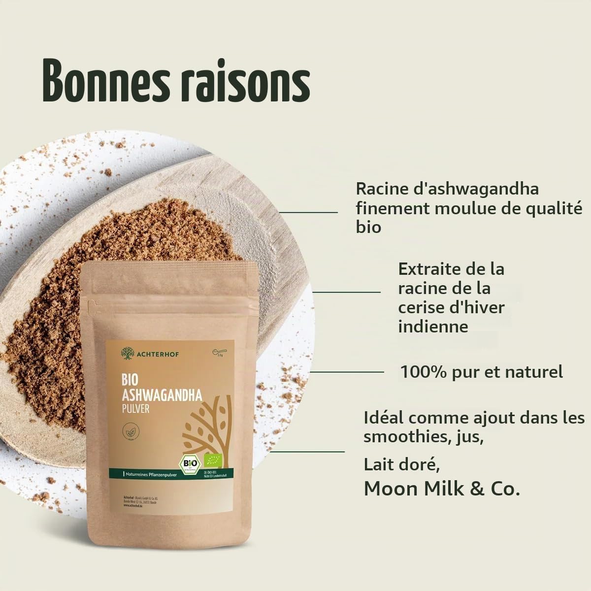 Ashwagandha Organic Powder 1000g | Real Ground Ashwagandha Root from India | Indian Ginseng | Ayurveda | Ideal for Adding Smoothies, Juices & Golden Milk | vom Achterhof - Image 3