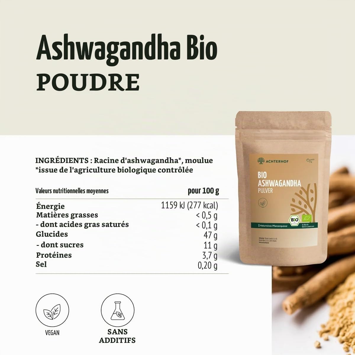 Ashwagandha Organic Powder 1000g | Real Ground Ashwagandha Root from India | Indian Ginseng | Ayurveda | Ideal for Adding Smoothies, Juices & Golden Milk | vom Achterhof - Image 6