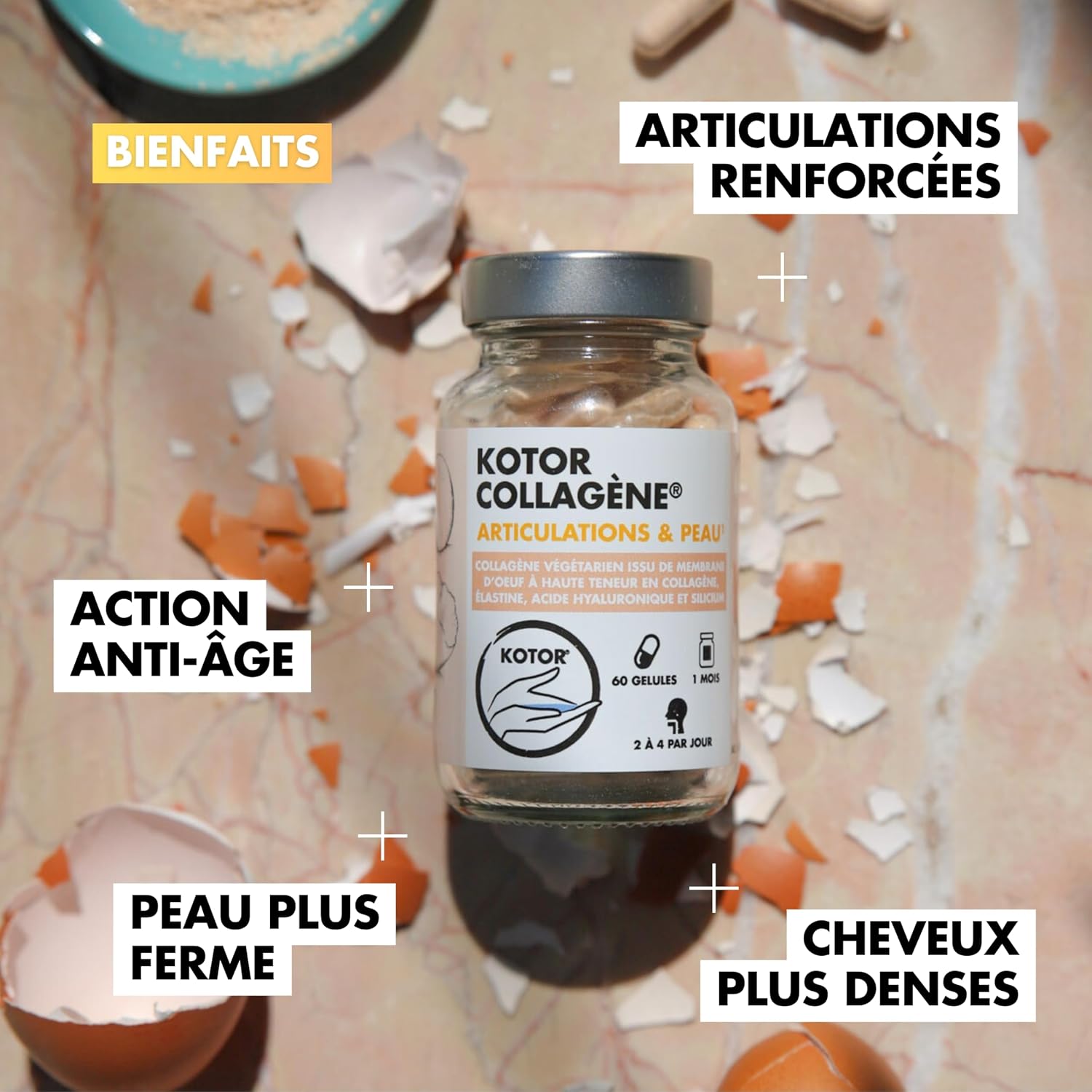 FRENCH & NATURAL COLLAGEN | Collagen-Rich Egg Membrane Type I, V, X + Hyaluronic Acid, Elastin, Silicon and Vitamin C | Skin, Joints, Hair & Nails | 60 Capsules | 1 Month - Image 4