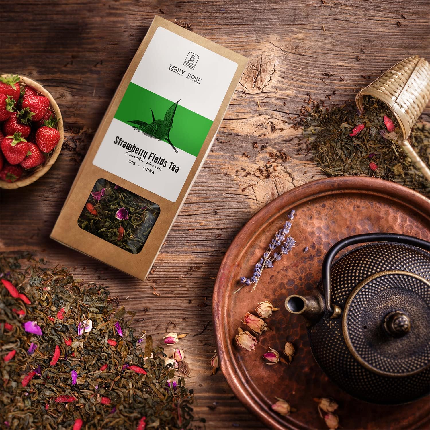 Mary Rose Strawberry Fields Green Tea | China Green Tea | Yunnan | Strawberry & Goji Berries | Natural Fruit Additives | Theine Source | Natural Stimulation | 50g - Image 3