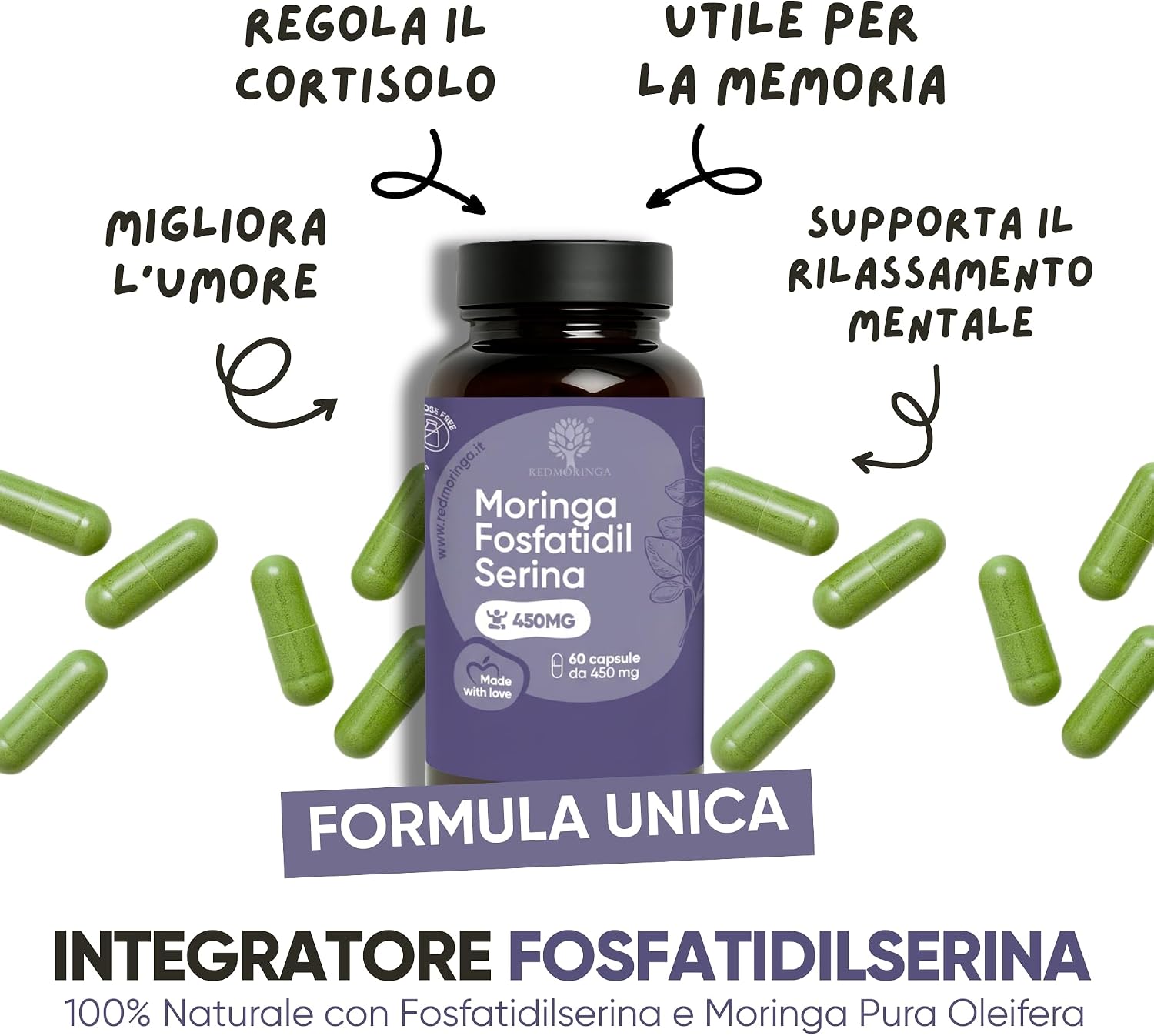 Phosphatidylserine 450 mg + Moringa | Reduces Cortisol, Stress & Fatigue | Memory, Concentration & Metabolism | 180 Capsules | Made in Italy RedMoringa - Image 5