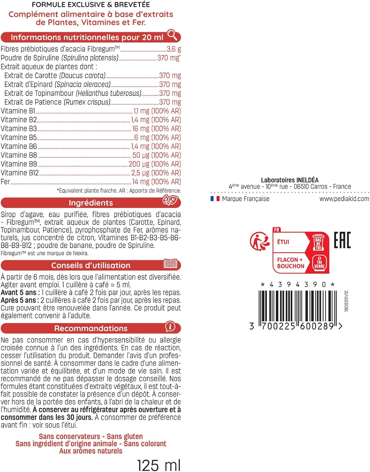 PEDIAKID Iron Syrup + B Vitamins - Fatigue Reduction Baby/Child 125 ml - Image 3