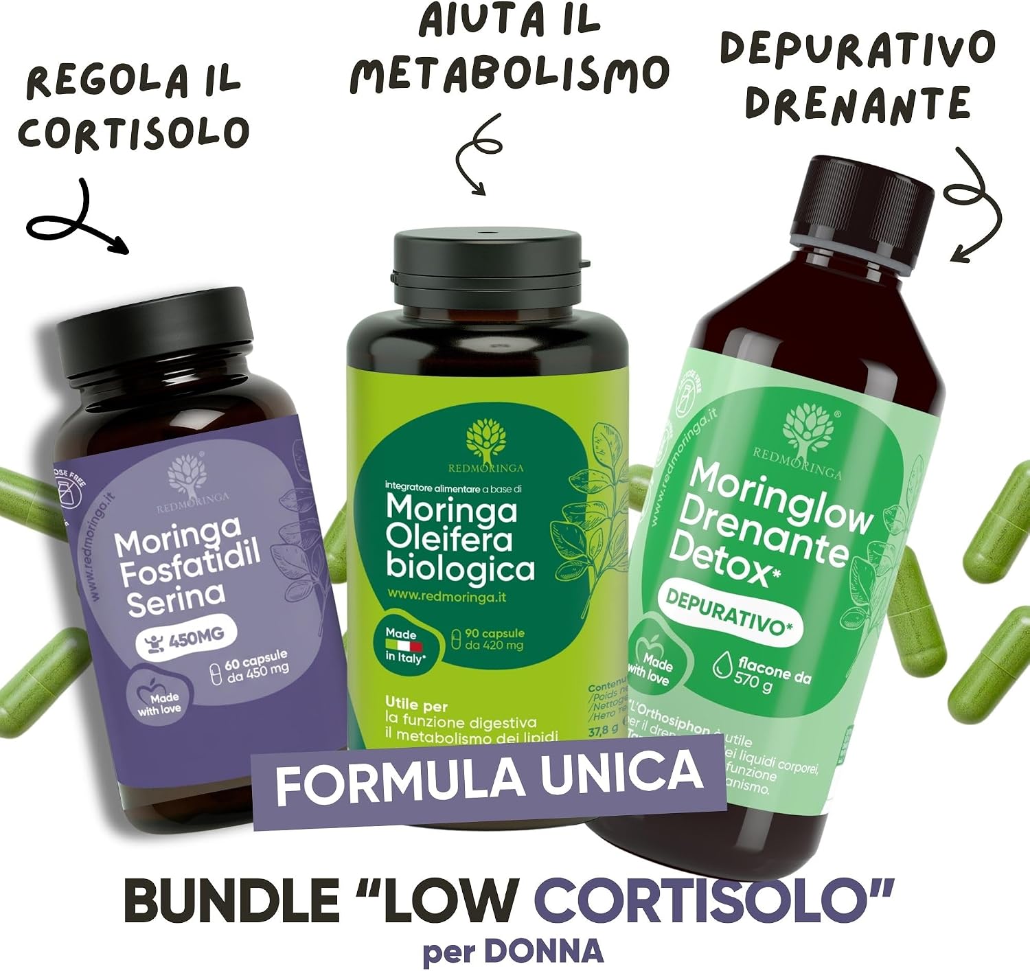 Low Cortisol Women - Phosphatidylserine 450 mg + Organic Moringa + Liquid Drainage 11 Herbs with Dandelion, Birch, Pineapple - Stress, Liver Purification and Retention - Made in Italy RedMoringa - Image 3