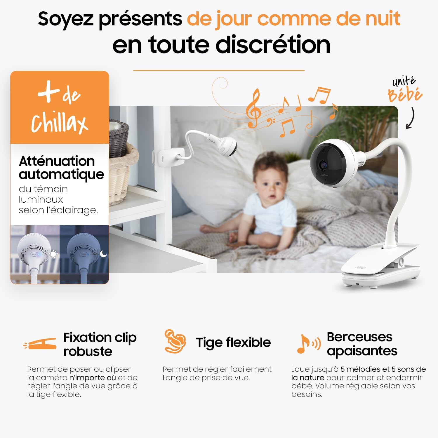 CHILLAX - Giraffe Clip Baby Monitor - 5'' HD LCD Screen - Full HD 1080p Camera - Flexible Stem - Night Vision - Walkie Talkie - WiFi on/Off - Lullabies - Sound & Motion Alert - With App - Image 5