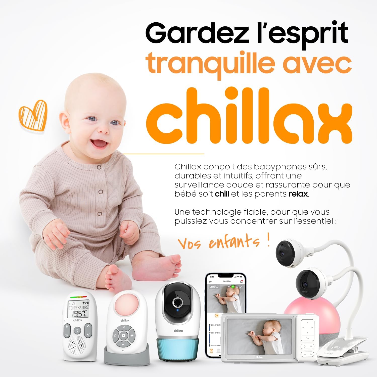 CHILLAX - Giraffe Clip Baby Monitor - 5'' HD LCD Screen - Full HD 1080p Camera - Flexible Stem - Night Vision - Walkie Talkie - WiFi on/Off - Lullabies - Sound & Motion Alert - With App - Image 7