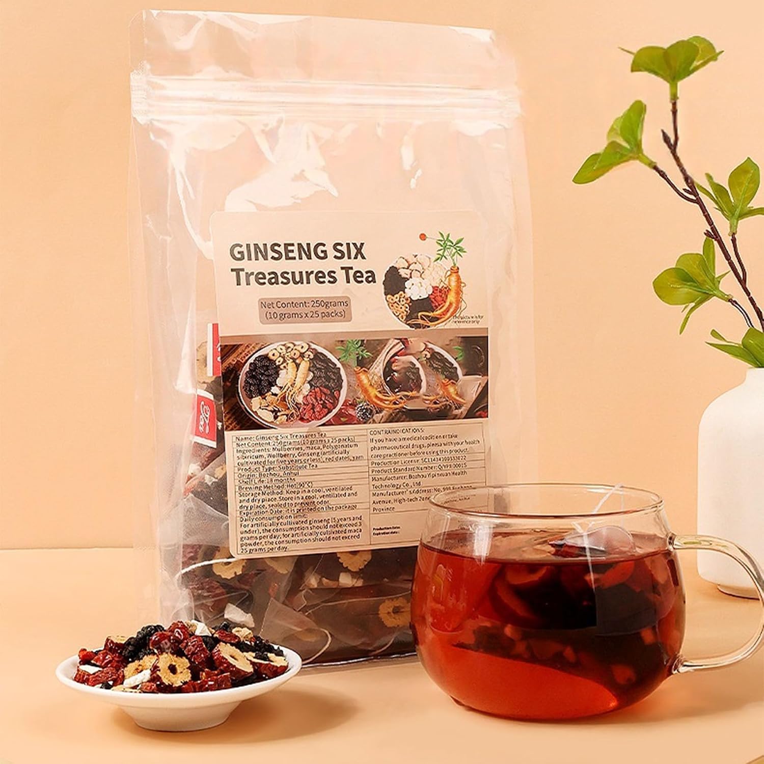 Ginseng Six Treasure Tea, Kidney Tea Formula Ginseng Six Treasure Teas for Daily Wellness, Mulberry, Goji Berry, Red Date | 30 Tea Bags for Men & Women (2 Pack) - Image 3