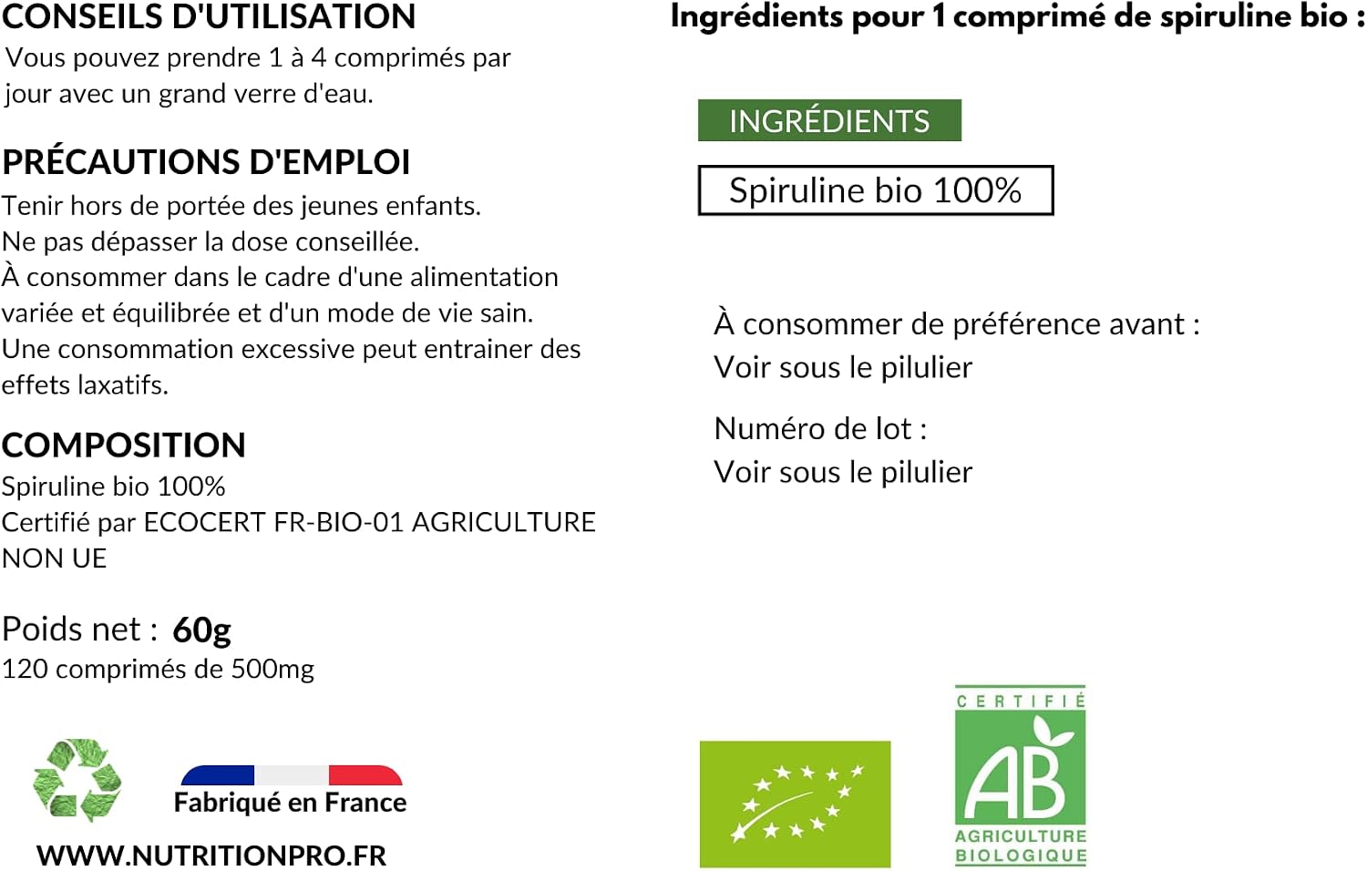 Organic Spirulina - 120 Tablets | Cold Dried | Health | 100% Organic & Natural | Made in France | Nutrition pro… - Image 4