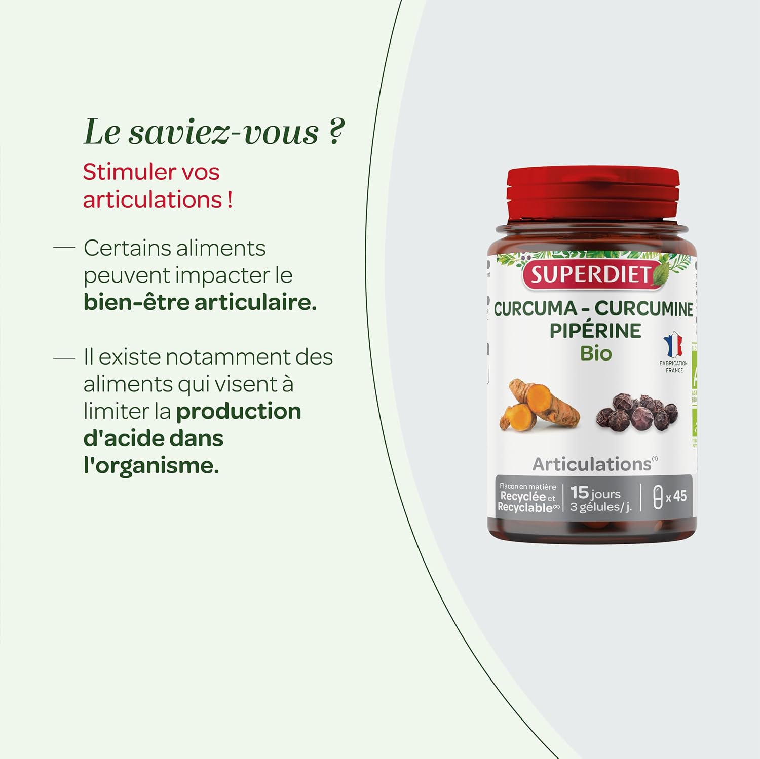 SUPERDIET - TURMERIC PIPERIN ORGANIC - Joints - Herbal medicine - Made in France - 45 capsules - Image 5