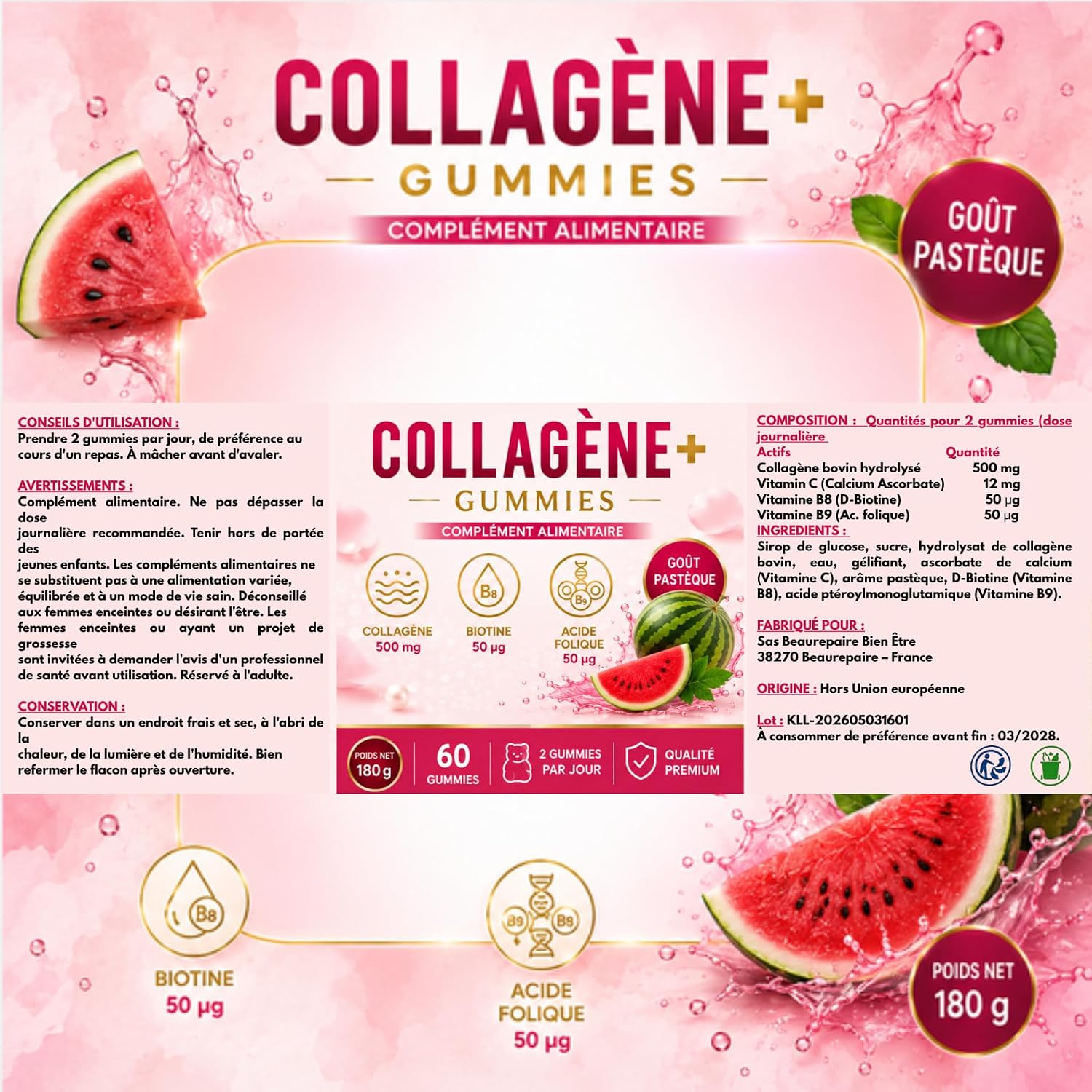 Beaurepaire Wellness Gummies Collagen + Watermelon Flavour 60 Erasers - Image 9