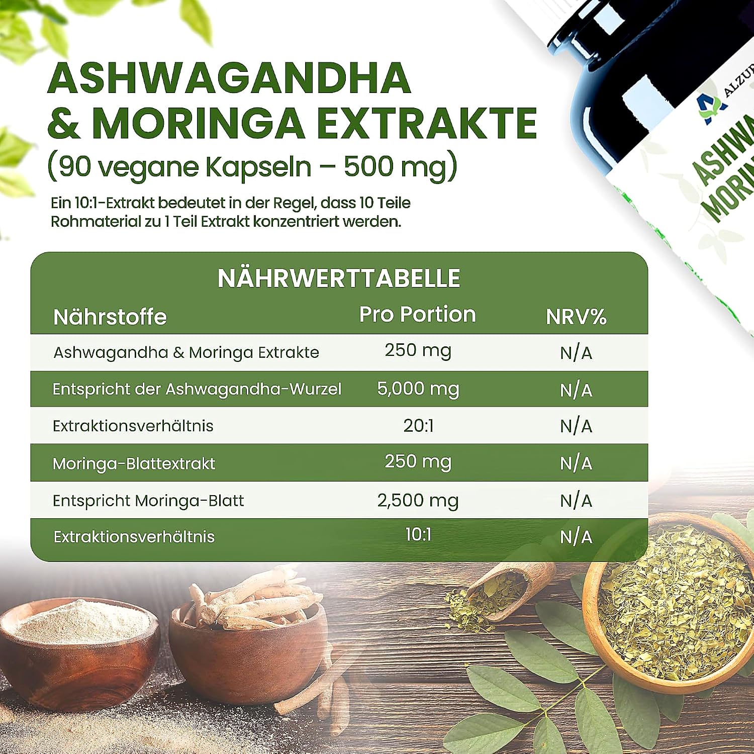 Alzuro Labs Ashwagandha & Moringa equivalent 7,500 mg | extracts 20:1 & 10:1 | 500 mg/day | 90 vegetable capsules | calm, energy & well-being | GMP & tested in third party laboratory - Image 3