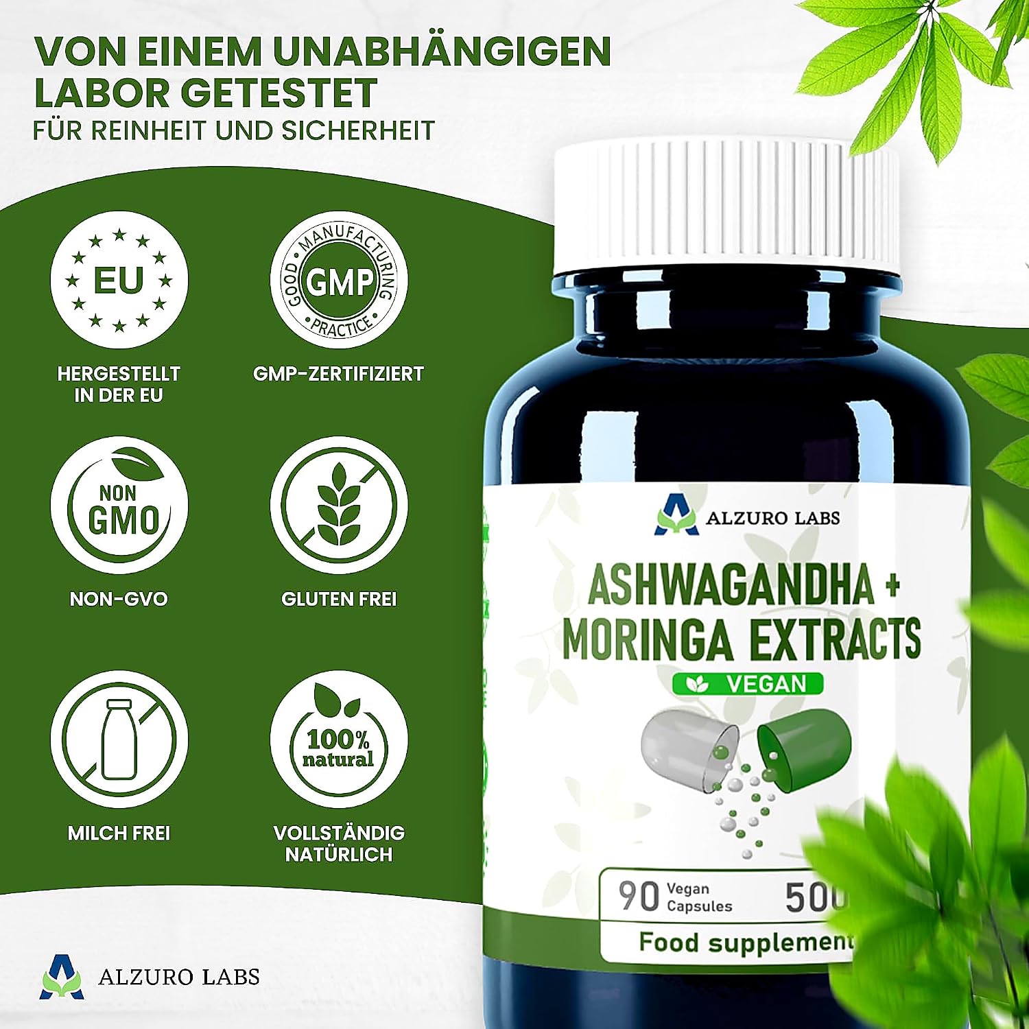 Alzuro Labs Ashwagandha & Moringa equivalent 7,500 mg | extracts 20:1 & 10:1 | 500 mg/day | 90 vegetable capsules | calm, energy & well-being | GMP & tested in third party laboratory - Image 5