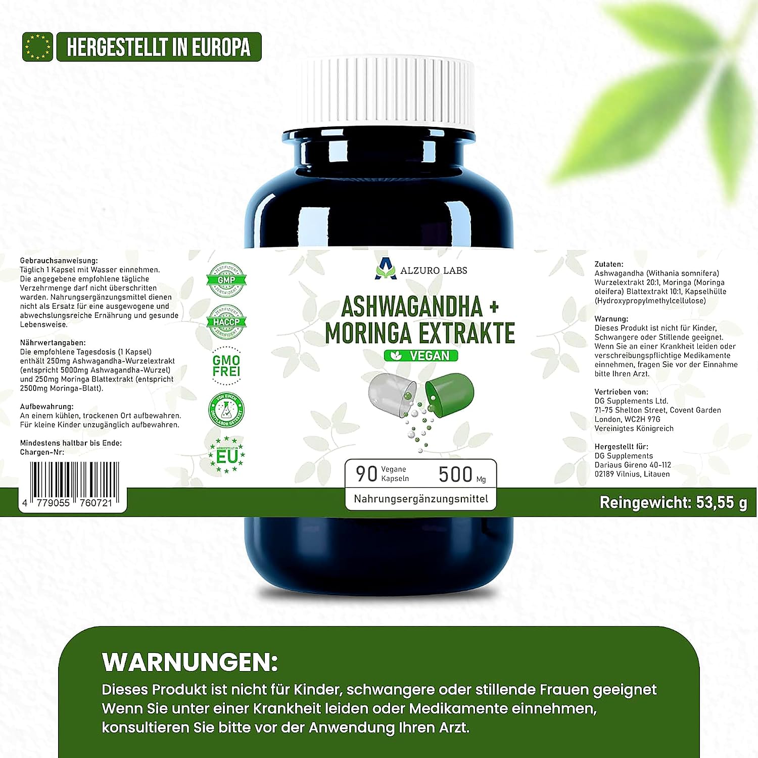 Alzuro Labs Ashwagandha & Moringa equivalent 7,500 mg | extracts 20:1 & 10:1 | 500 mg/day | 90 vegetable capsules | calm, energy & well-being | GMP & tested in third party laboratory - Image 7