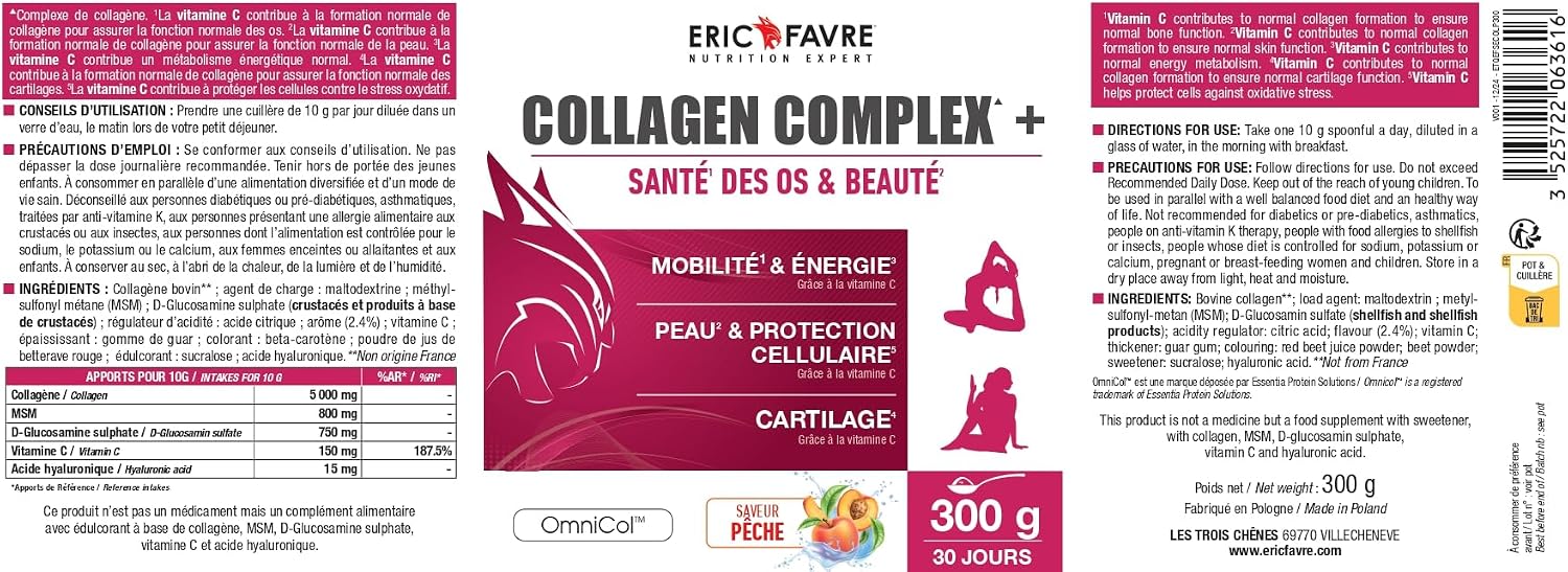 Collagen Complex + Hydrolysed Bovine Collagen Type 1 to 5 - Joints, Mobility and Energy - Beauty and Antioxidant - Vitamin C, Hyaluronic Acid - 300 g - Peach Flavour - Eric Favre - Image 7