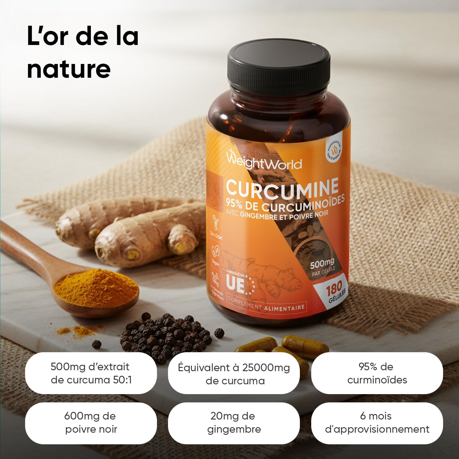 Turmeric Ginger Black Pepper 180 Vegan Capsules (6 Months) - 95% Curcumin - Image 3