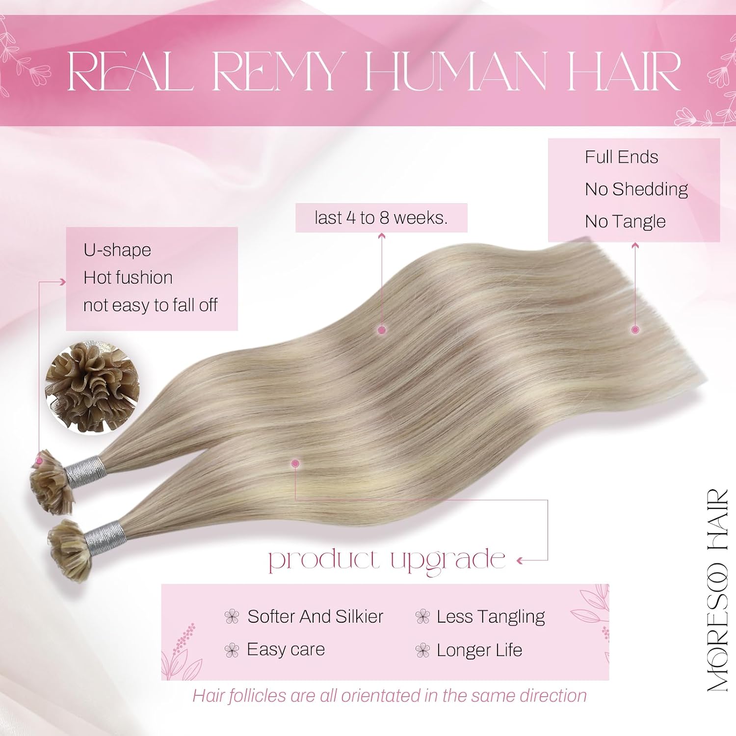 Moresoo Remy Hair Extension Natural Keratin Ash Blonde with 35 cm - Image 3