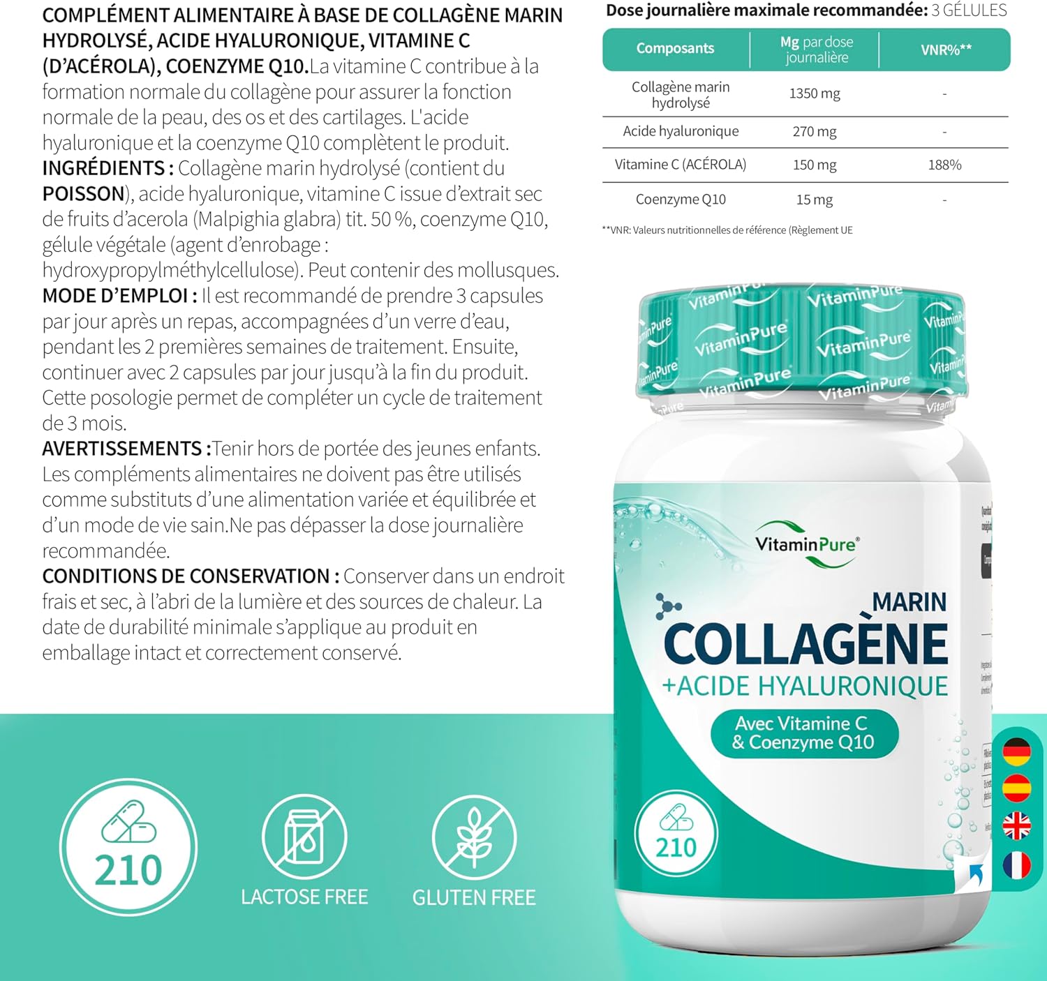Marine Collagen with Hyaluronic Acid, 210 Capsules – Nutritional Supplement for Hair, Skin and Joints with Vitamin C and Coenzyme Q10 – VitaminPure - Image 8