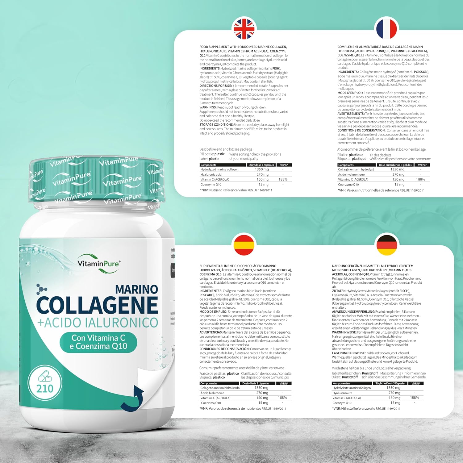 Marine Collagen with Hyaluronic Acid, 210 Capsules – Nutritional Supplement for Hair, Skin and Joints with Vitamin C and Coenzyme Q10 – VitaminPure - Image 9