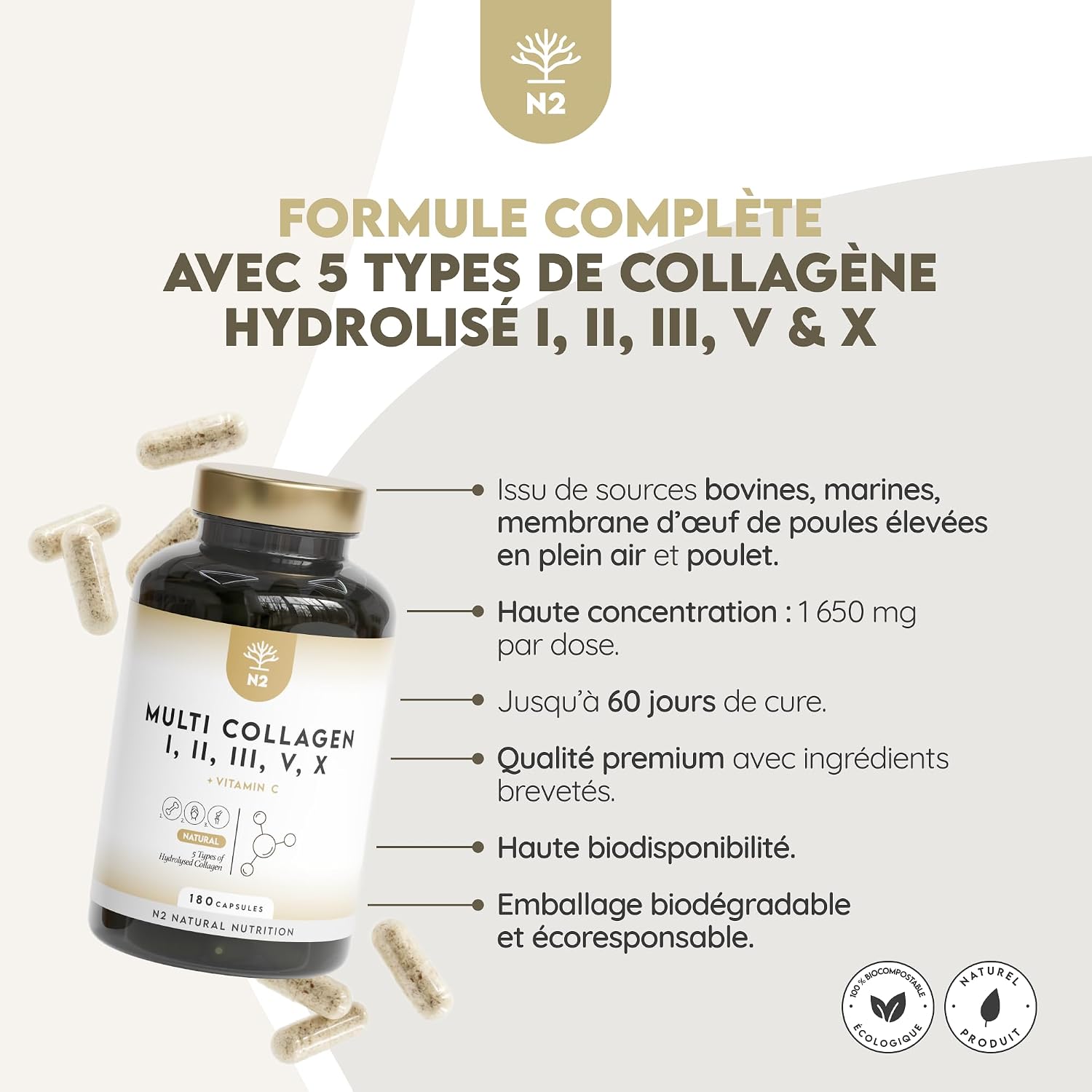Vitamin D3 K2 5000 IU, Multi Collagen 1650 mg & Omega 3 2000 mg, 450 Capsules. N2 Natural Nutrition - Image 4