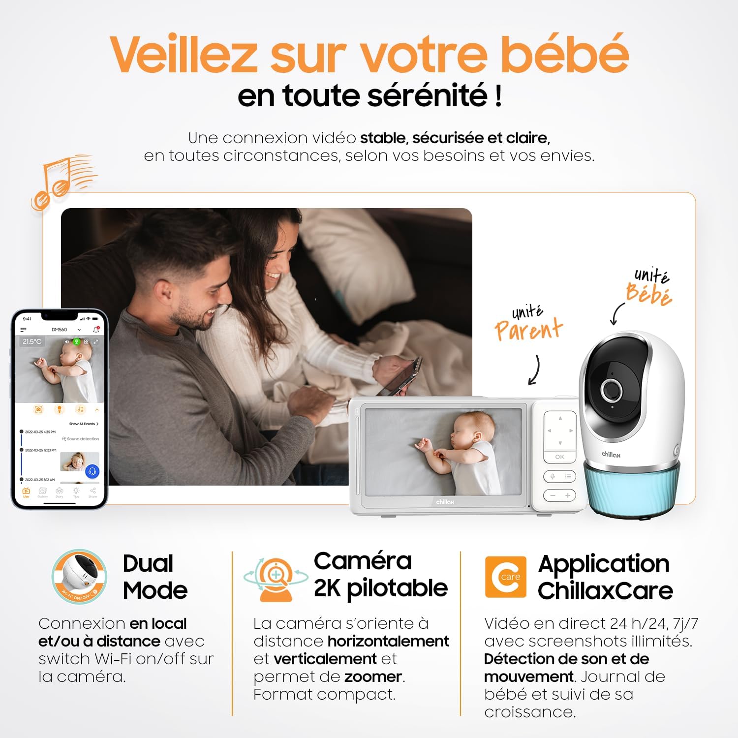 CHILLAX - Baby Monitor Camera Candle - 5'' HD LCD Screen - 2K QHD Remote Control Camera - Night Vision - Temperature Sensor - Walkie Talkie - Night Lights & Lullabies - WiFi on/Off - with App - Image 3