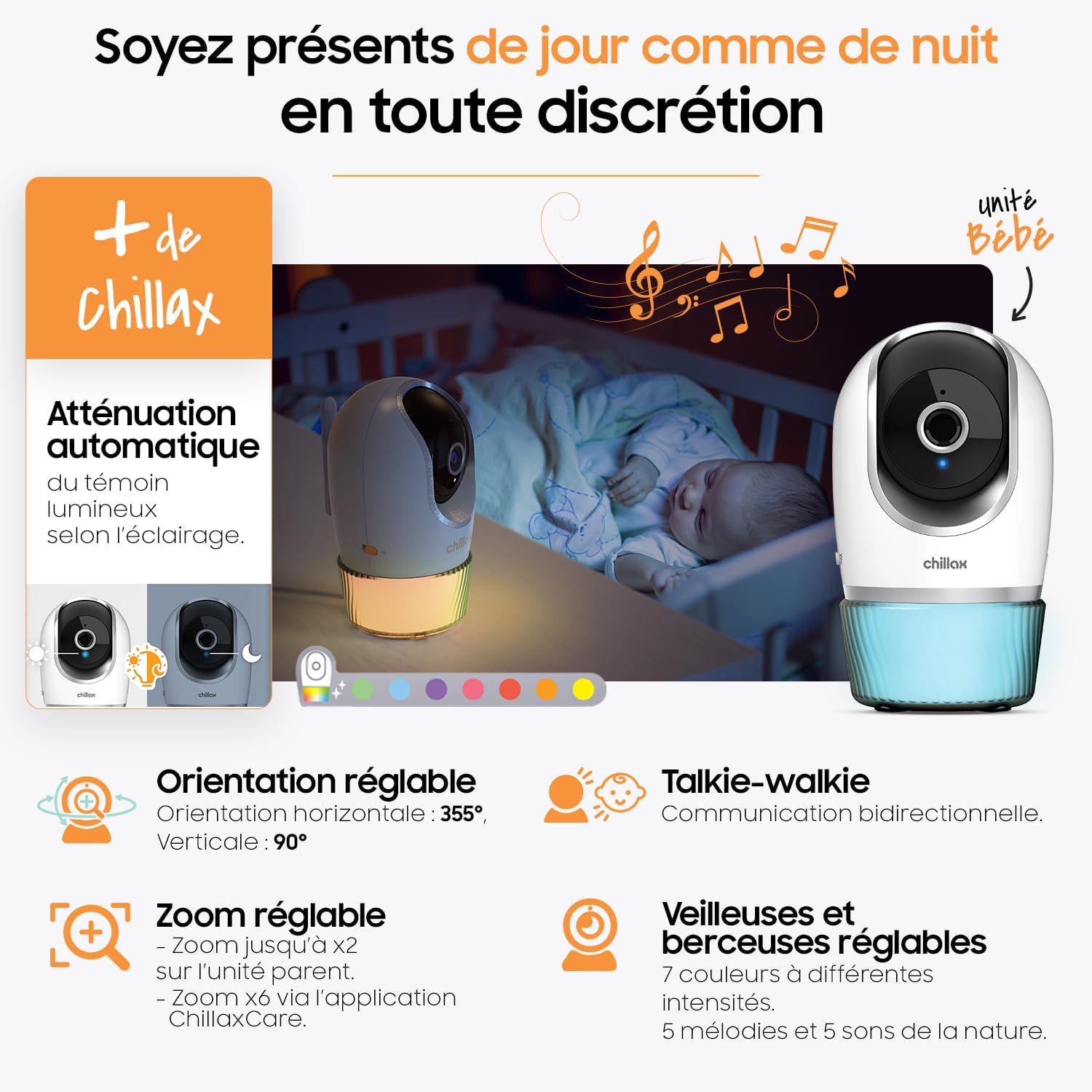 CHILLAX - Baby Monitor Camera Candle - 5'' HD LCD Screen - 2K QHD Remote Control Camera - Night Vision - Temperature Sensor - Walkie Talkie - Night Lights & Lullabies - WiFi on/Off - with App - Image 5
