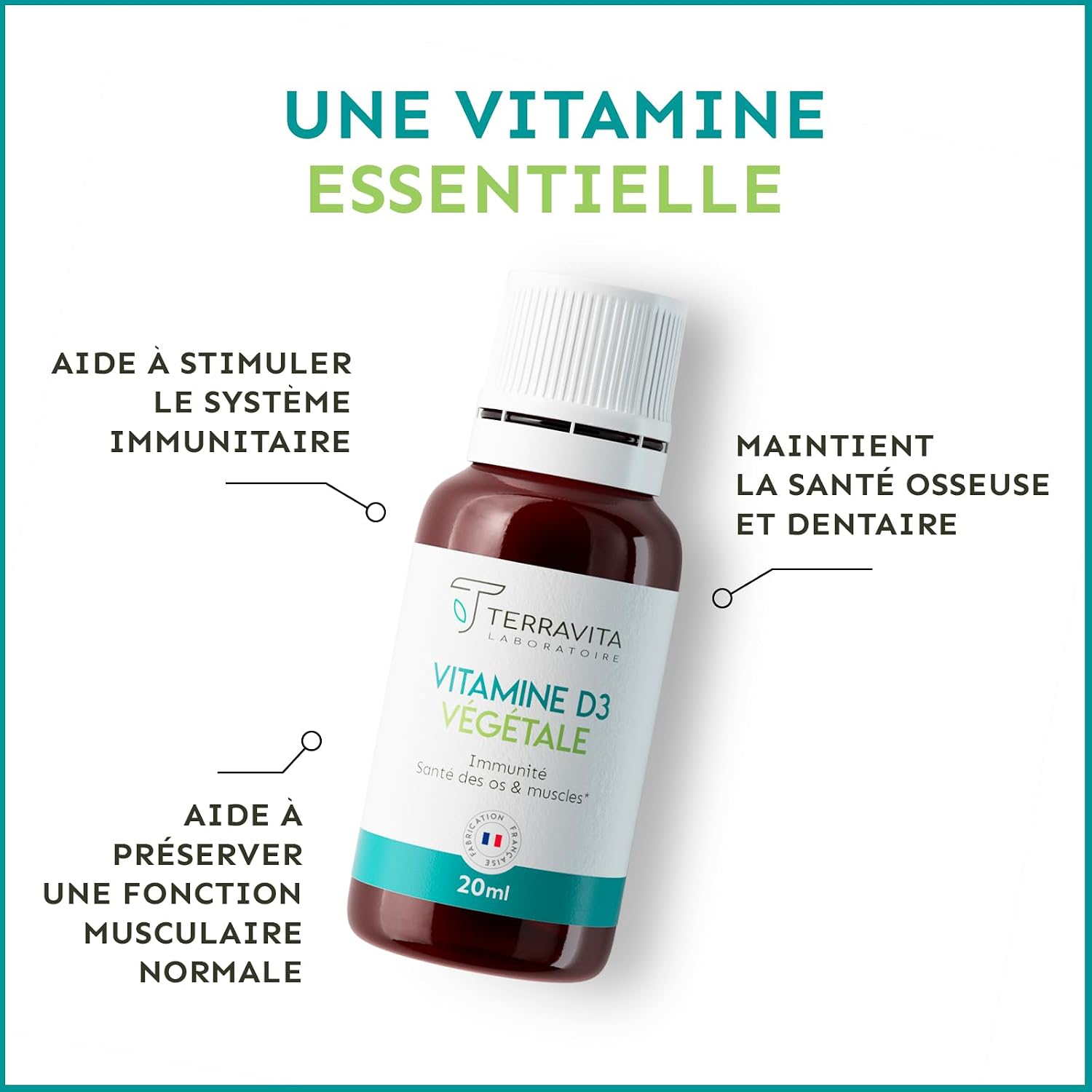 Vegetable Vitamin D3 D3V | 2000 IU | 20 ml Bottle | 8 Months of Cure | High Absorption | Bone Health & Immunity | Children and Adults | Coconut Oil TCM | Vegan and Made in France | Terravita - Image 3