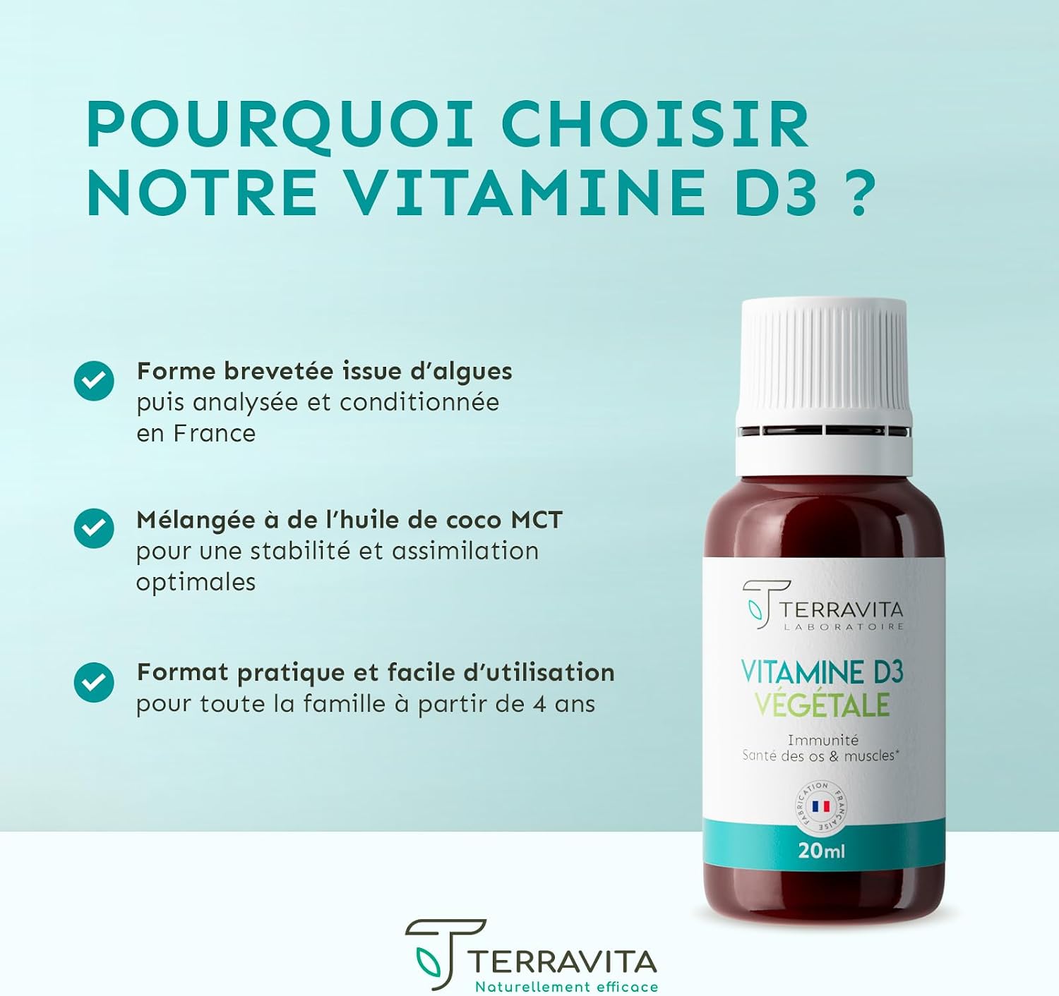 Vegetable Vitamin D3 D3V | 2000 IU | 20 ml Bottle | 8 Months of Cure | High Absorption | Bone Health & Immunity | Children and Adults | Coconut Oil TCM | Vegan and Made in France | Terravita - Image 4