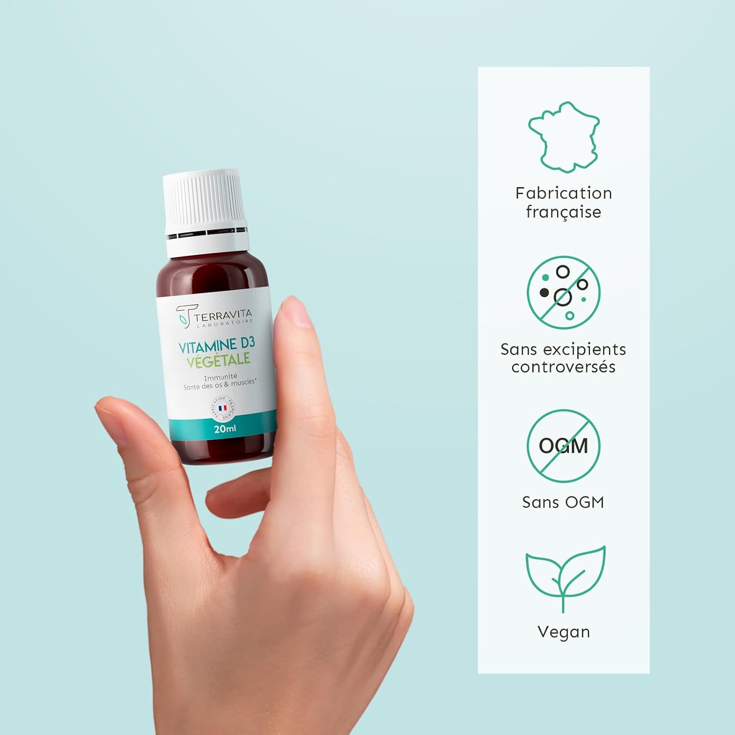 Vegetable Vitamin D3 D3V | 2000 IU | 20 ml Bottle | 8 Months of Cure | High Absorption | Bone Health & Immunity | Children and Adults | Coconut Oil TCM | Vegan and Made in France | Terravita - Image 5