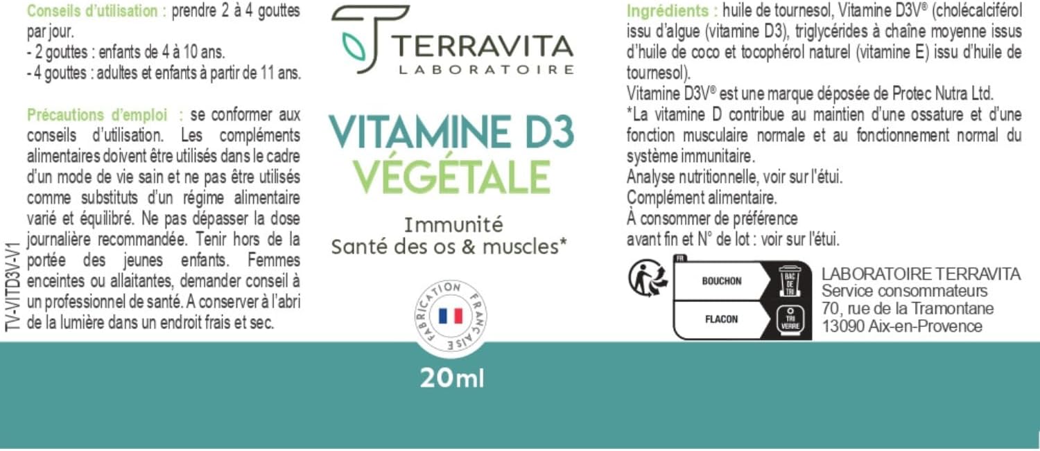 Vegetable Vitamin D3 D3V | 2000 IU | 20 ml Bottle | 8 Months of Cure | High Absorption | Bone Health & Immunity | Children and Adults | Coconut Oil TCM | Vegan and Made in France | Terravita - Image 8