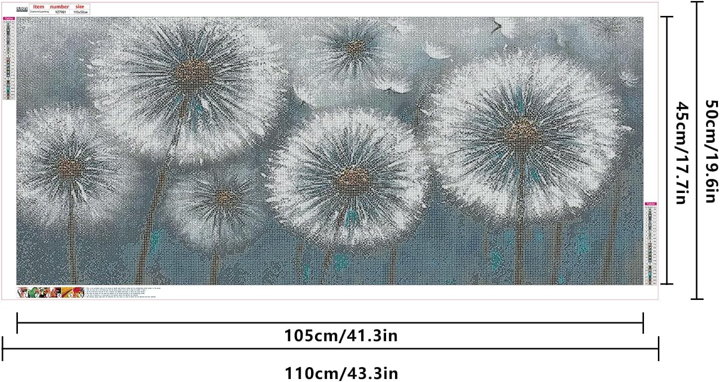 SHEGZHUC Diamond Painting Landscape Flower 110 x 50 cm Dandelion Paint by Numbers Black White Dandelion - Image 3