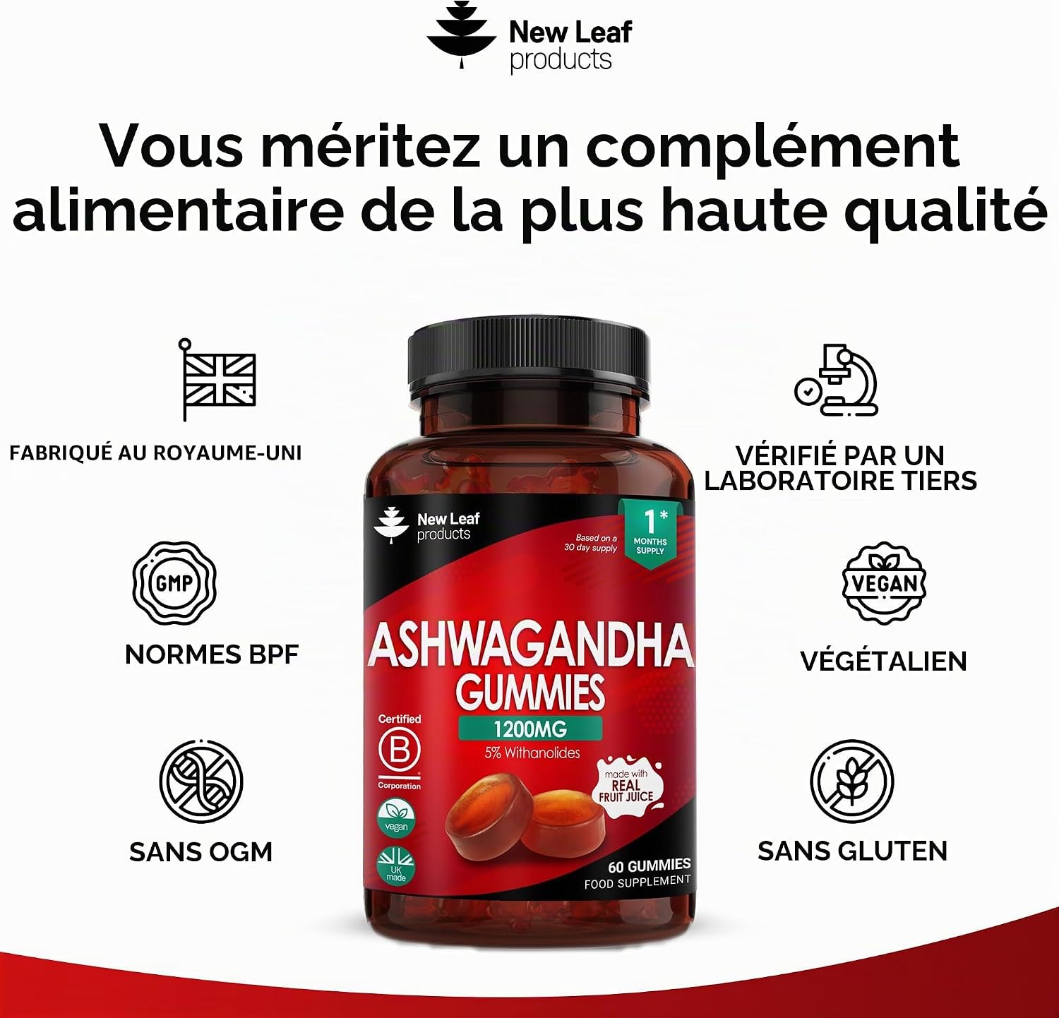 New Leaf Ashwagandha Gummies 1200 mg Pure Ashwagandha Root Extract Gummies with 5% Withanolides, Fruit Juice, No Artificial Colorants or Flavours, Vegan, Gluten Free, 60 Units - Image 5