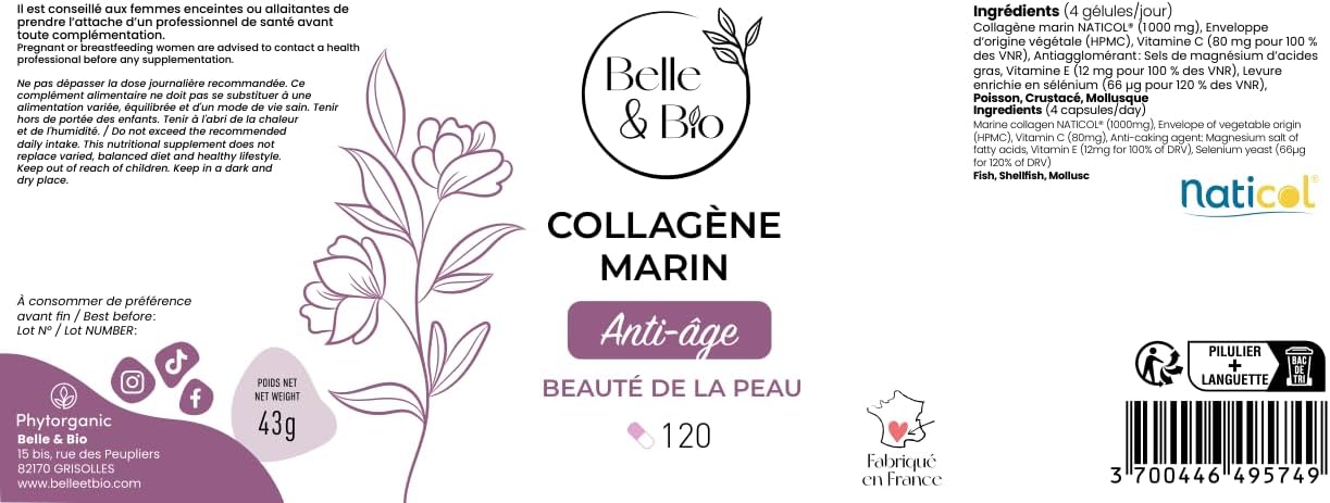ANTI-AGING & SKIN TONICITY - Marine Collagen 90% active proteins - Vitamins C and E and Selenium - 120 capsules - 1 month cure - Belle & Bio Food Supplement - Made in France - Image 3