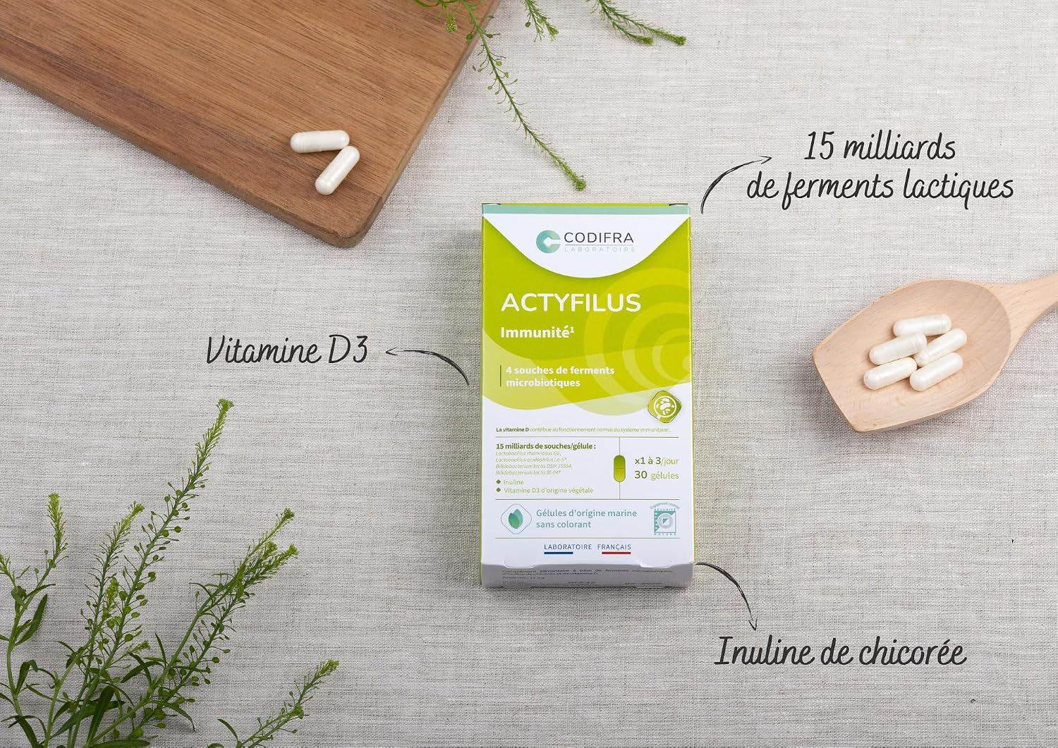Codifra - Actyfilus, Immunity and Intestinal Flora Dietary Supplement - 4 Strains of Probiotics + Inulin + Vitamin D3-15 Billion CFUs per Capsule - Made in France - 30 Capsules - Image 3