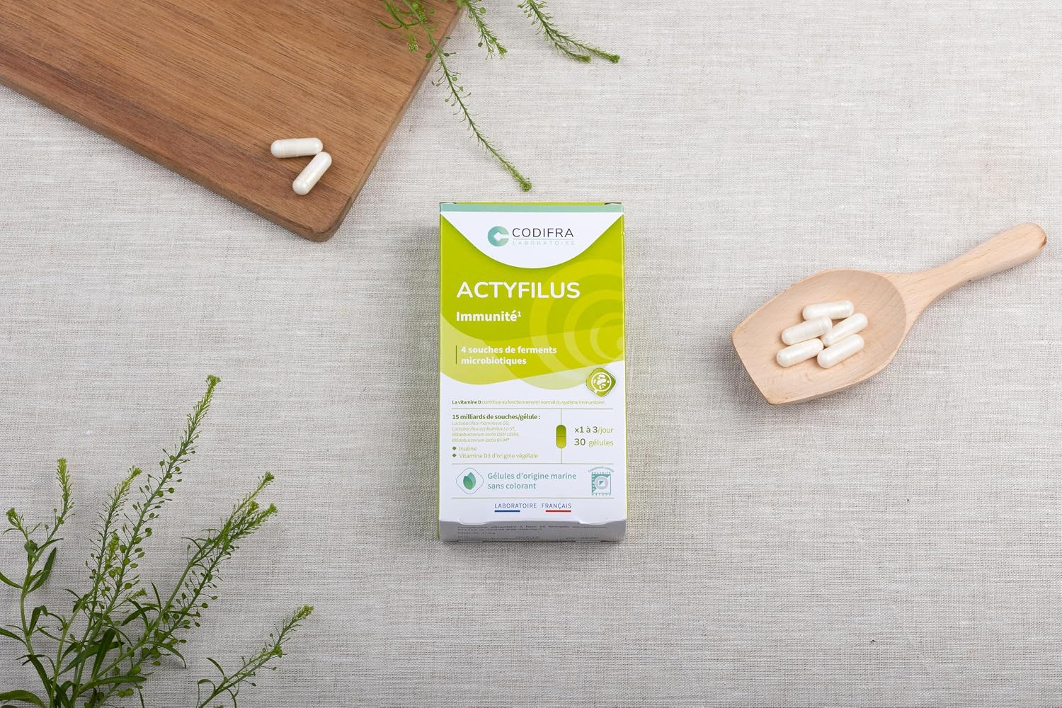 Codifra - Actyfilus, Immunity and Intestinal Flora Dietary Supplement - 4 Strains of Probiotics + Inulin + Vitamin D3-15 Billion CFUs per Capsule - Made in France - 30 Capsules - Image 4