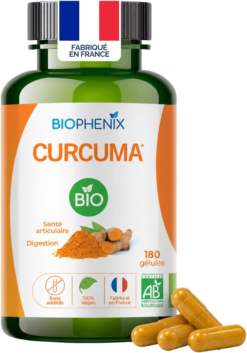 Biophénix Organic Turmeric 100% Vegetable 180 Capsules, Joints & Digestion - Image 2