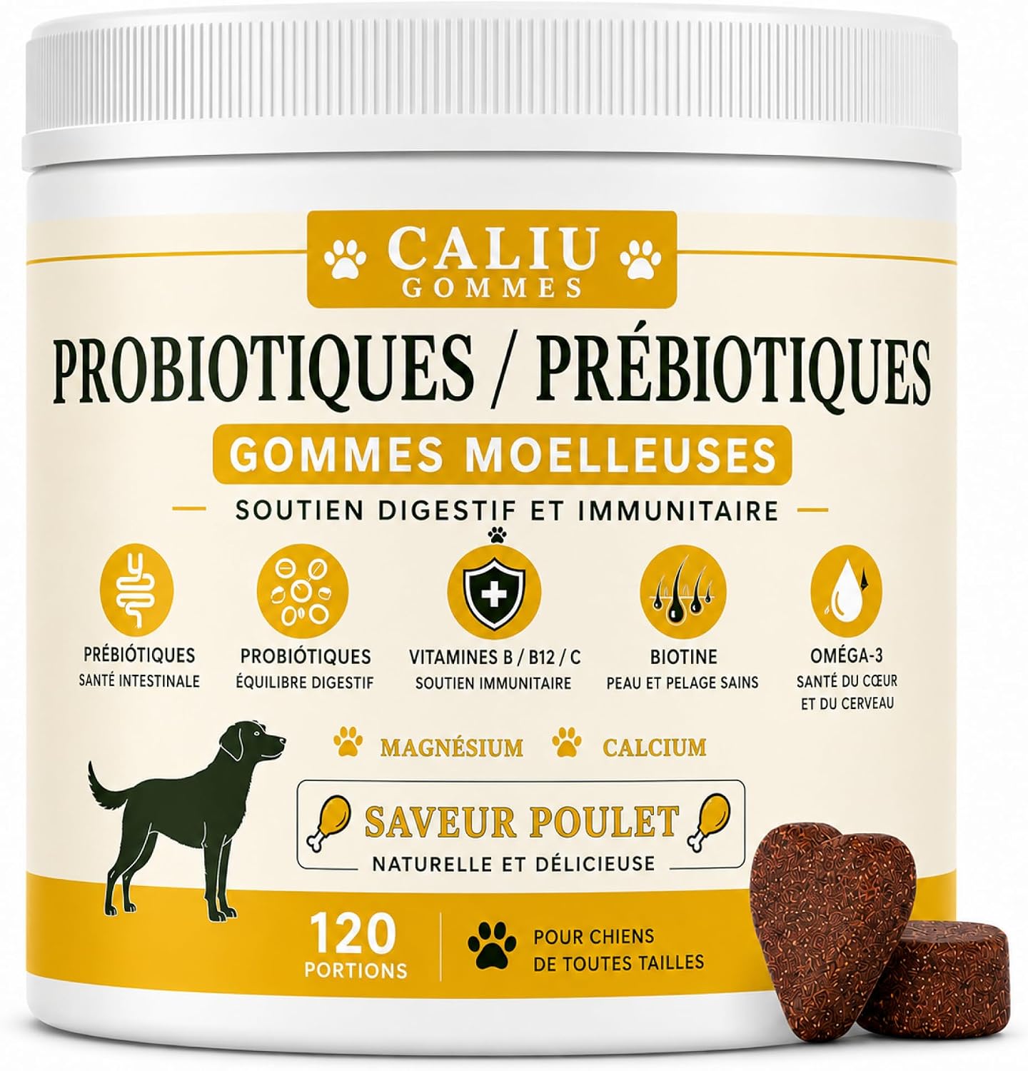 CALIU Pet Care | Gut Health Gummies Dogs & Cats | 120 Units | Probiotics, Prebiotics, Omega-3, Vitamins & Minerals | Chicken Flavour | Digestive & Immune Support Pets - Image 2